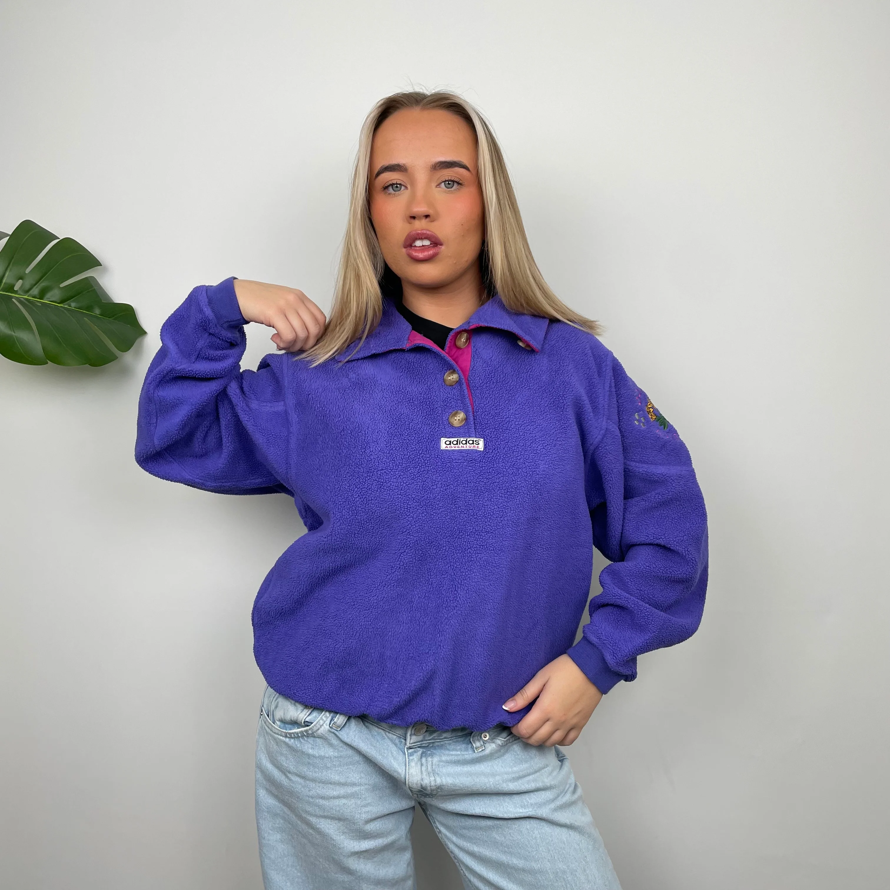 Adidas Adventure RARE Purple Embroidered Spell Out Teddy Bear Fleece Button Sweatshirt (M) - Image 6