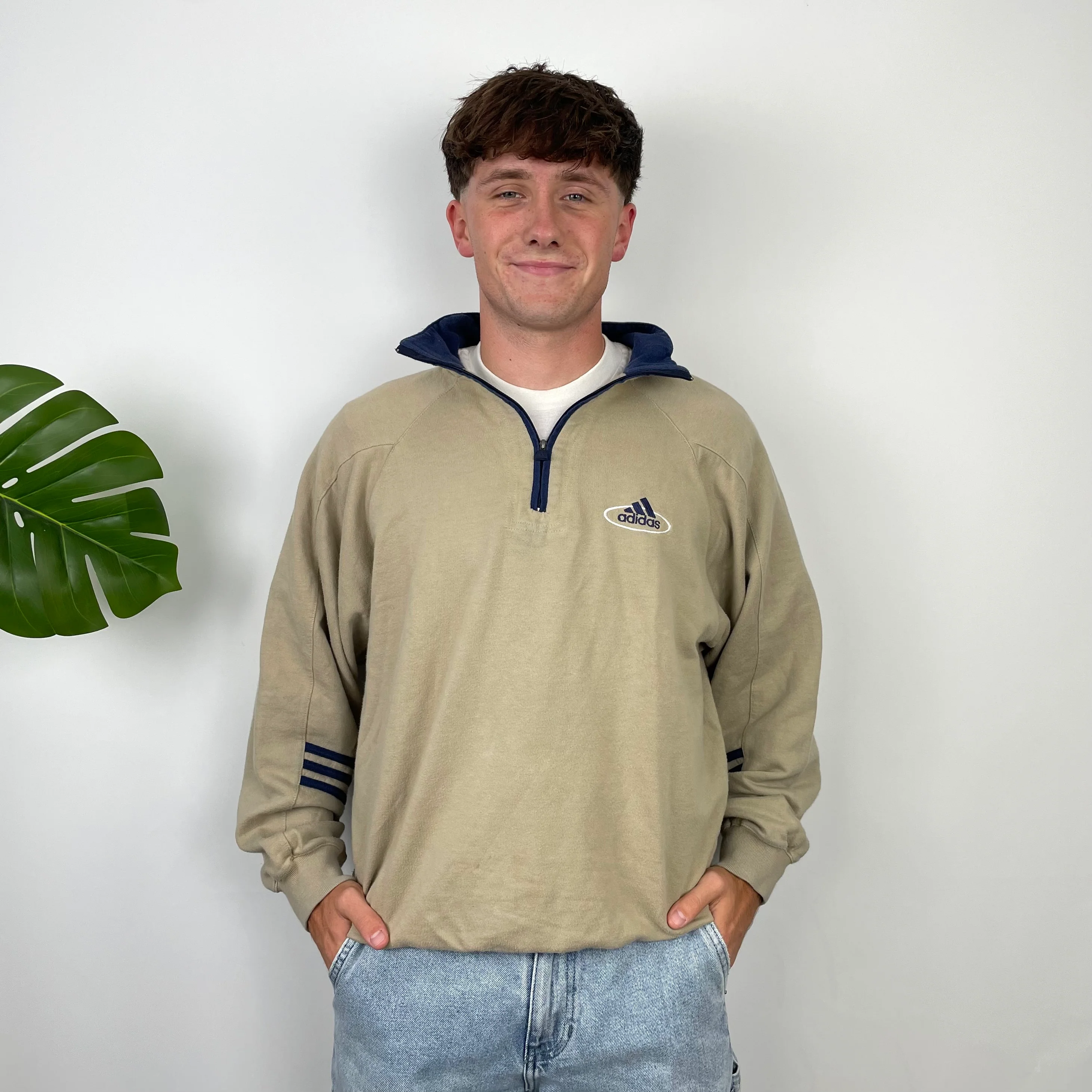 Adidas Beige Embroidered Spell Out Quarter Zip Sweatshirt (M) - Image 3