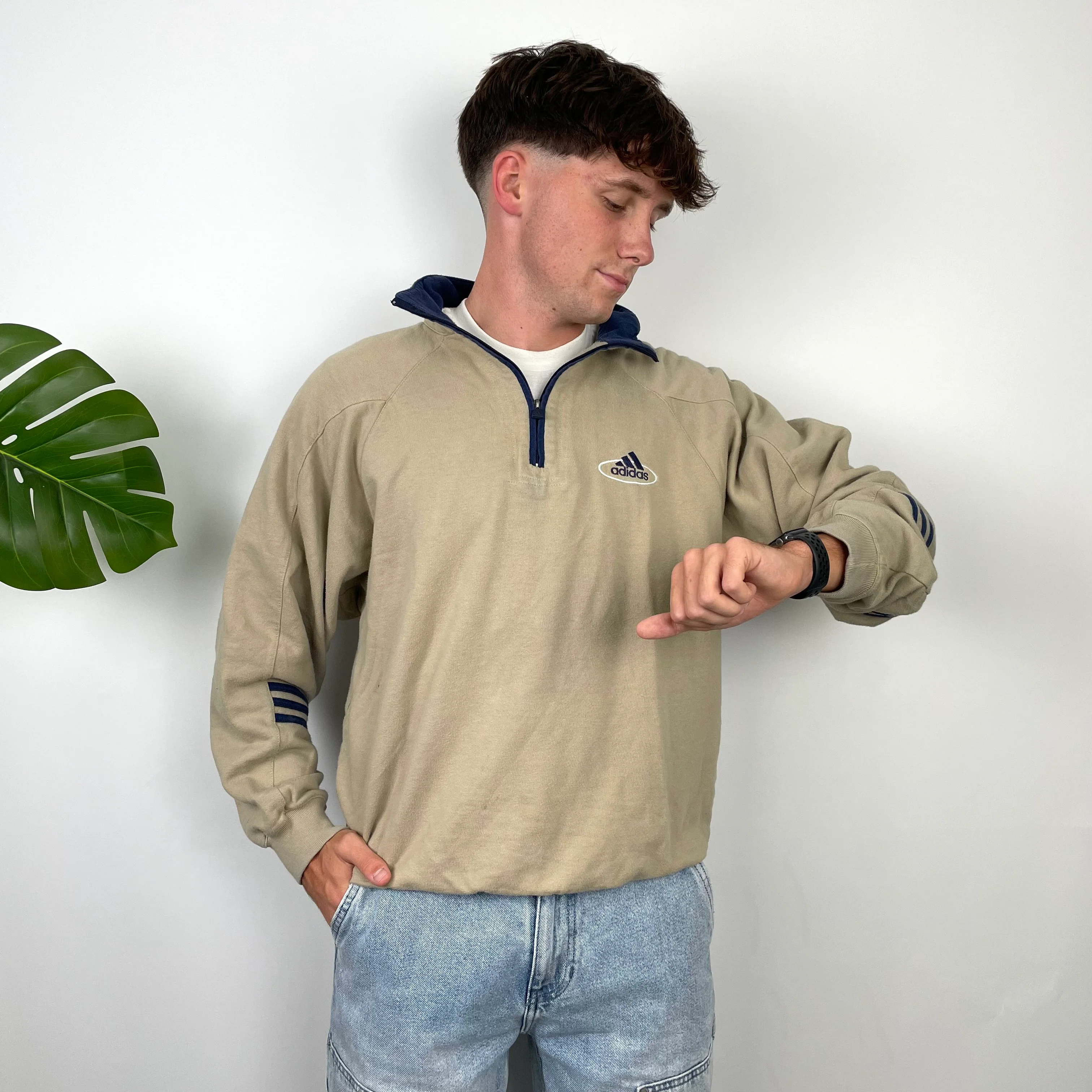 Adidas Beige Embroidered Spell Out Quarter Zip Sweatshirt (M) - Image 5