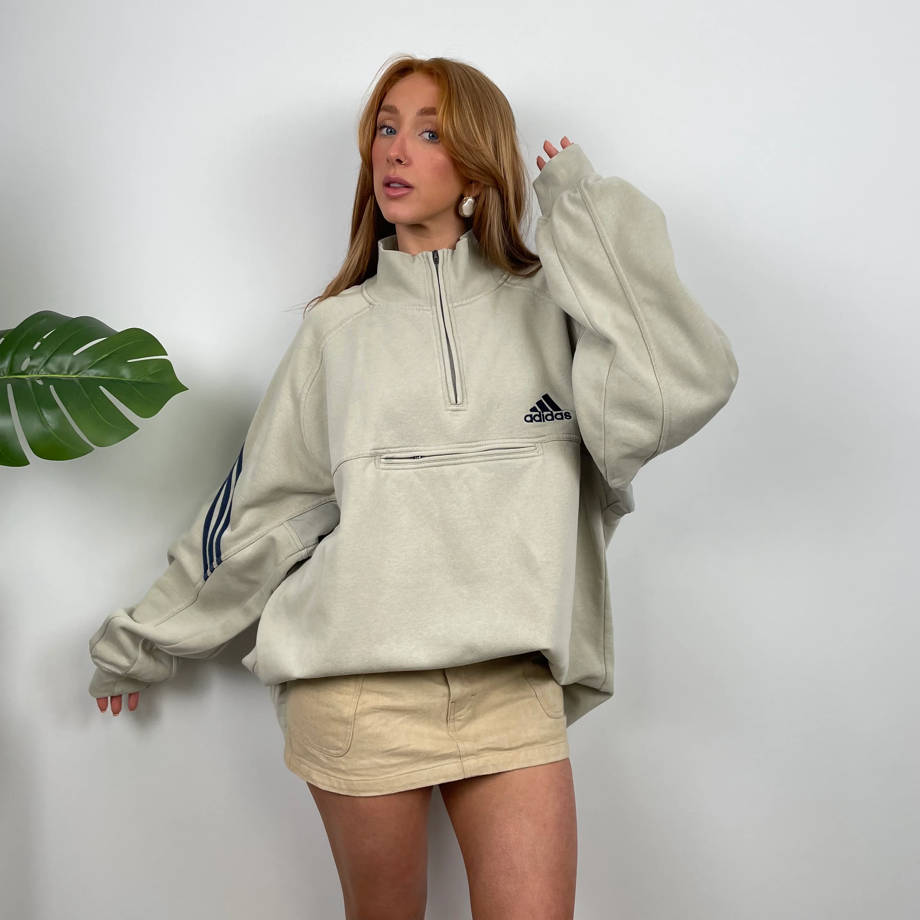 Adidas Beige  Embroidered Spell Out Quarter Zip Sweatshirt (XL) - Image 2