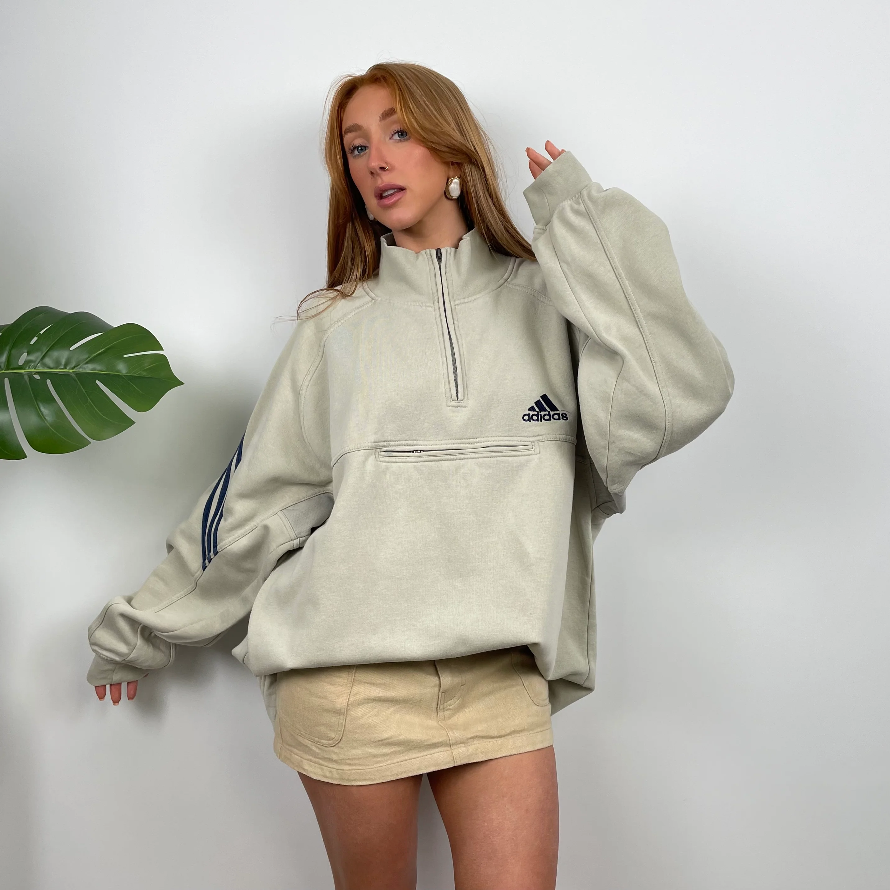 Adidas Beige  Embroidered Spell Out Quarter Zip Sweatshirt (XL) - Image 3