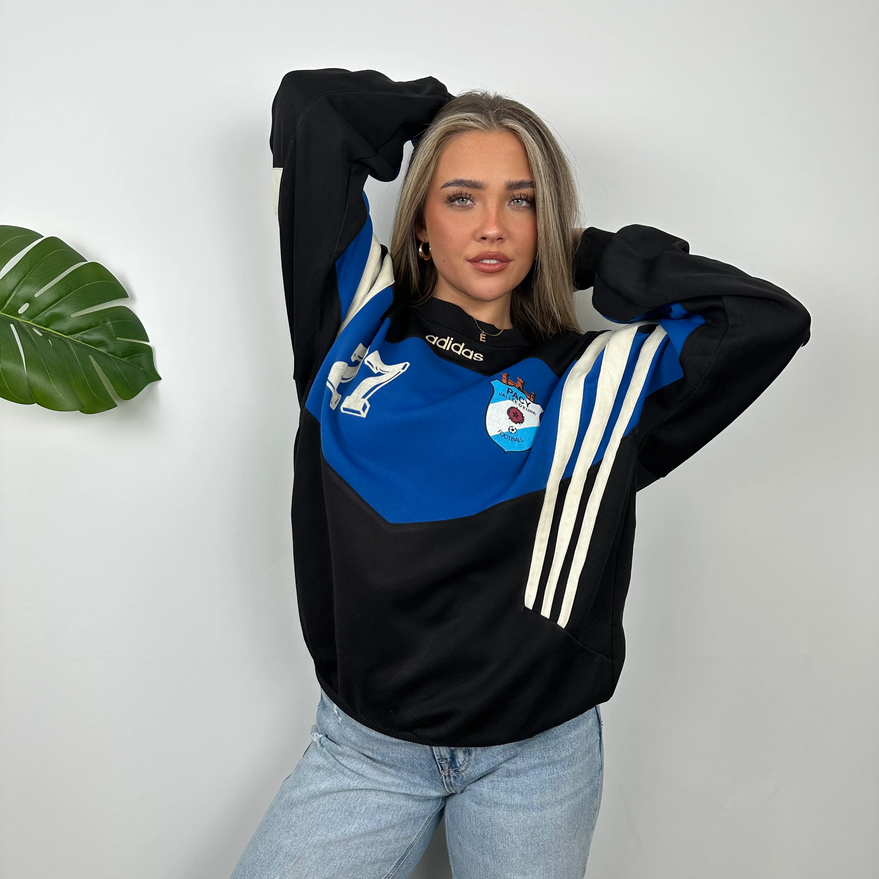 Adidas Black & Blue Embroidered Spell Out Colour Block Sweatshirt (L) - Image 2