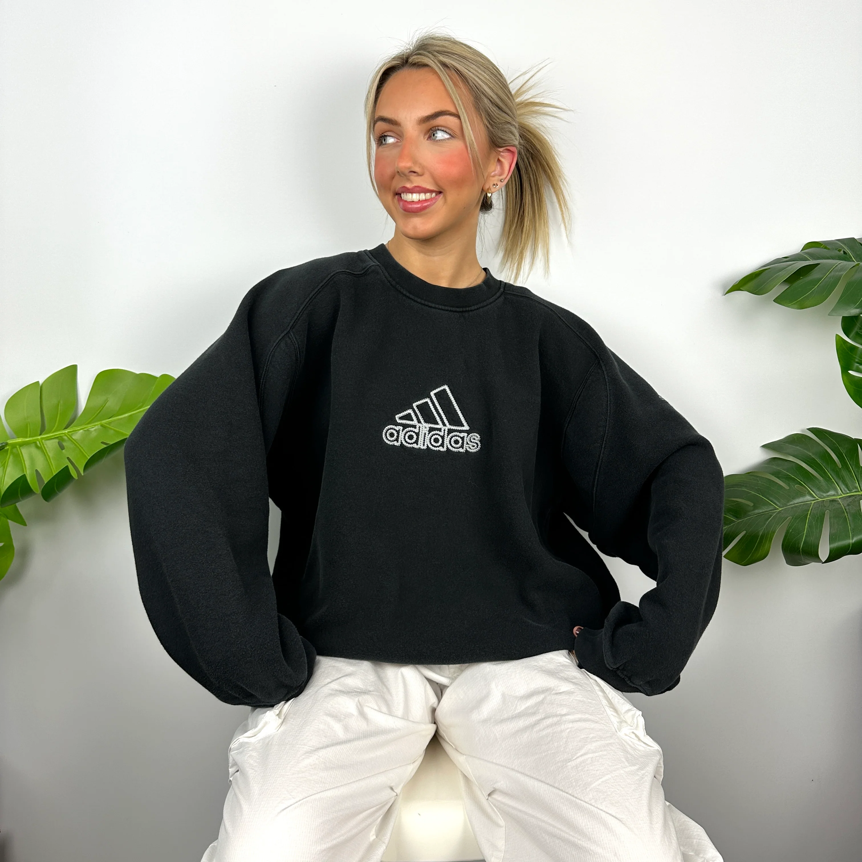Adidas Black Embroidered Spell Out Sweatshirt (L) - Image 5