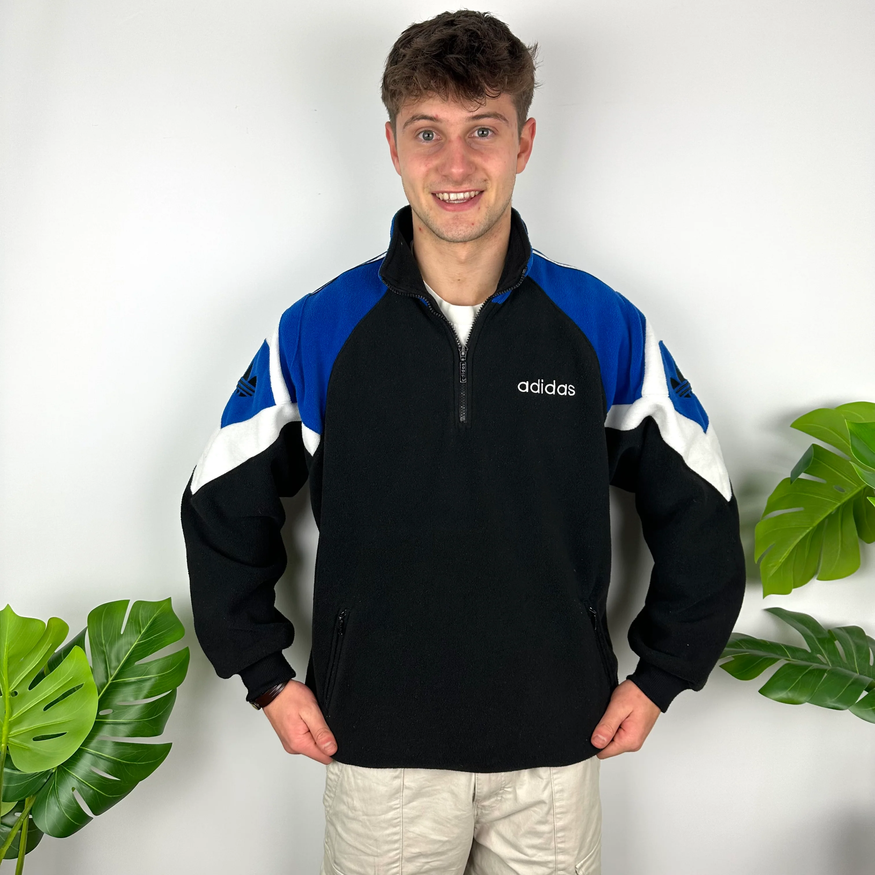 Adidas Black Embroidered Spell Out Teddy Bear Fleece Quarter Zip Sweatshirt (L)