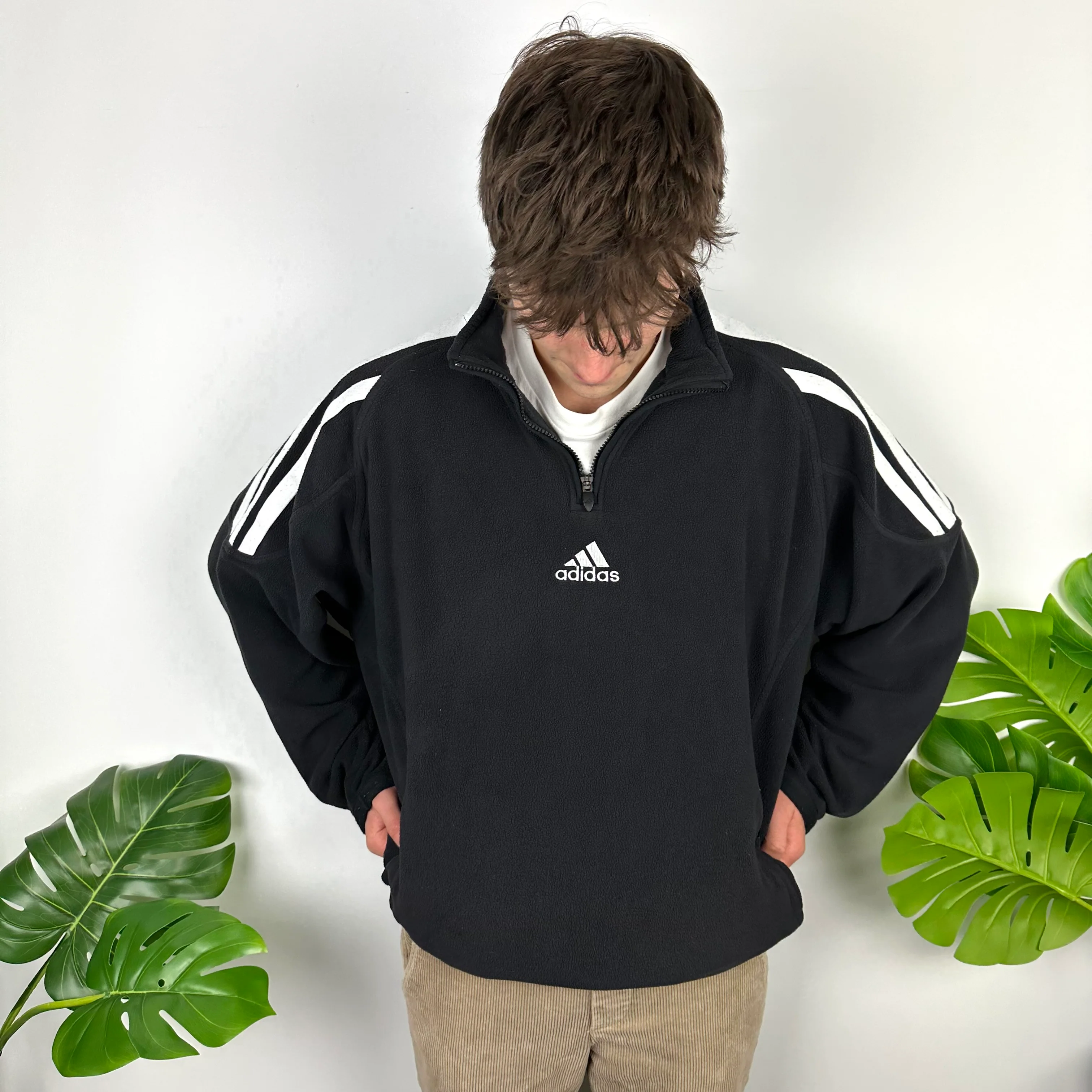 Adidas Black Embroidered Spell Out Teddy Bear Fleece Quarter Zip Sweatshirt (XL) - Image 3
