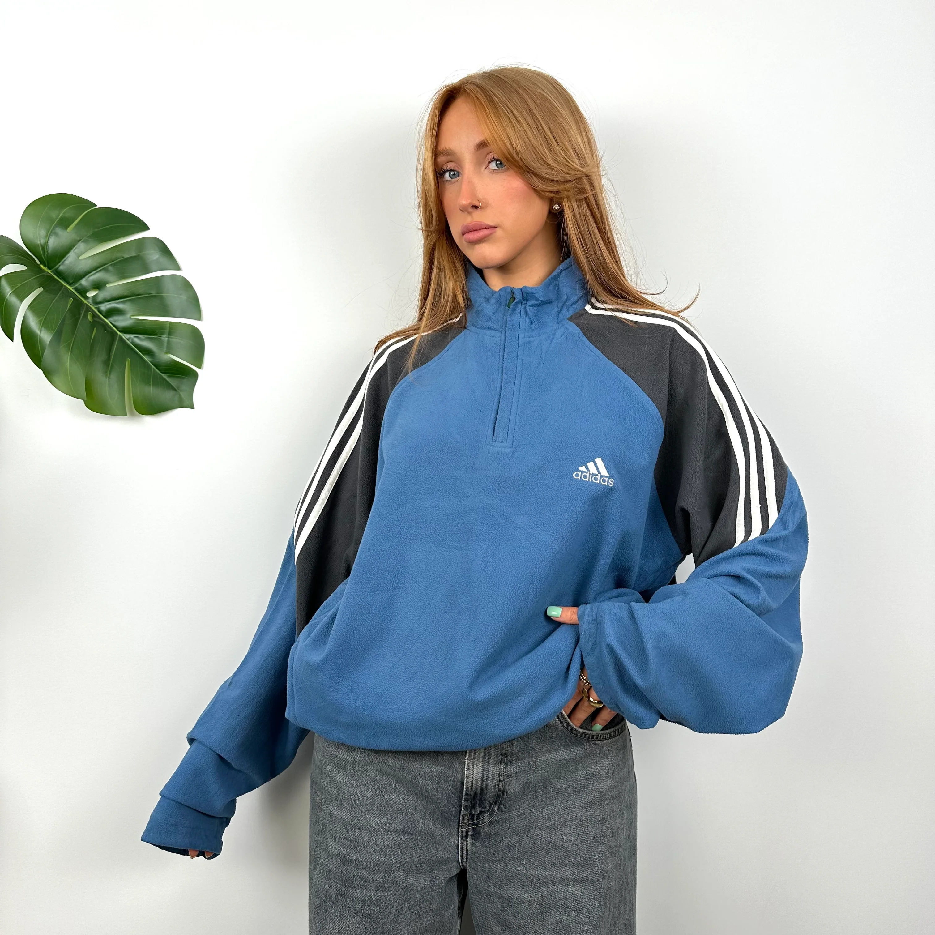 Adidas Blue & Black Embroidered Spell Out Teddy Bear Fleece Quarter Zip Sweatshirt (M) - Image 5