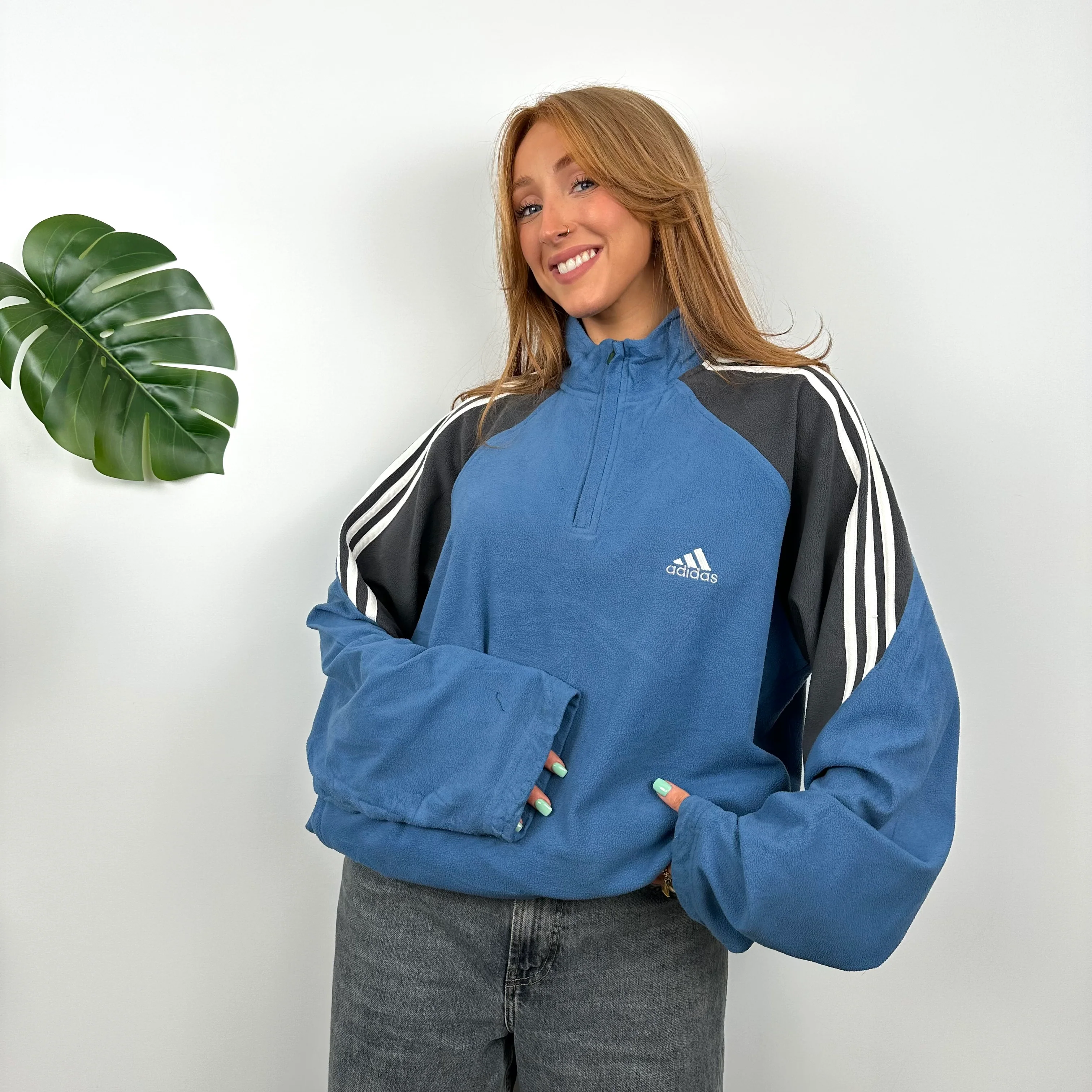 Adidas Blue & Black Embroidered Spell Out Teddy Bear Fleece Quarter Zip Sweatshirt (M) - Image 6