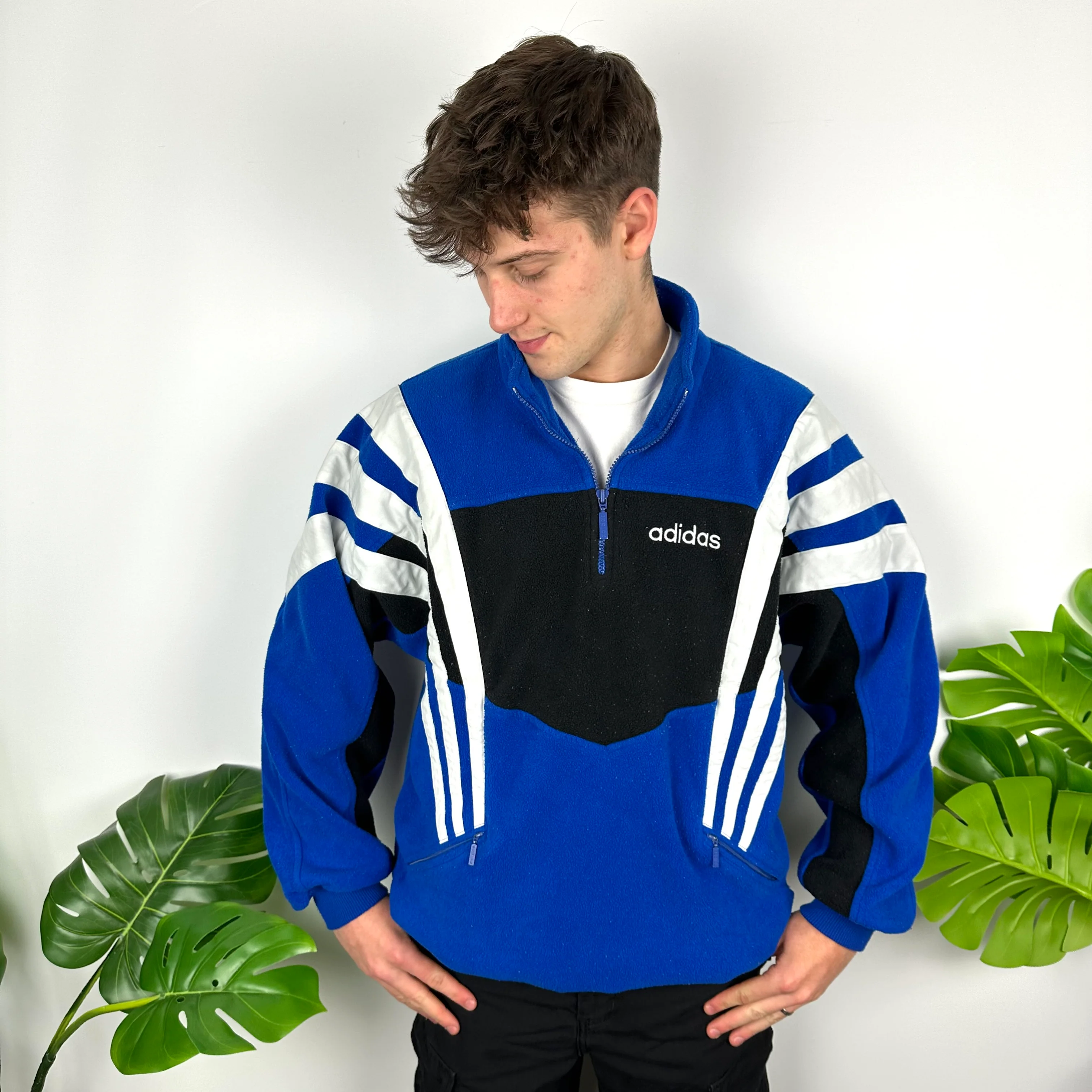 Adidas Blue Colour Block Embroidered Spell Out Teddy Bear Fleece Quarter Zip Sweatshirt (L) - Image 3