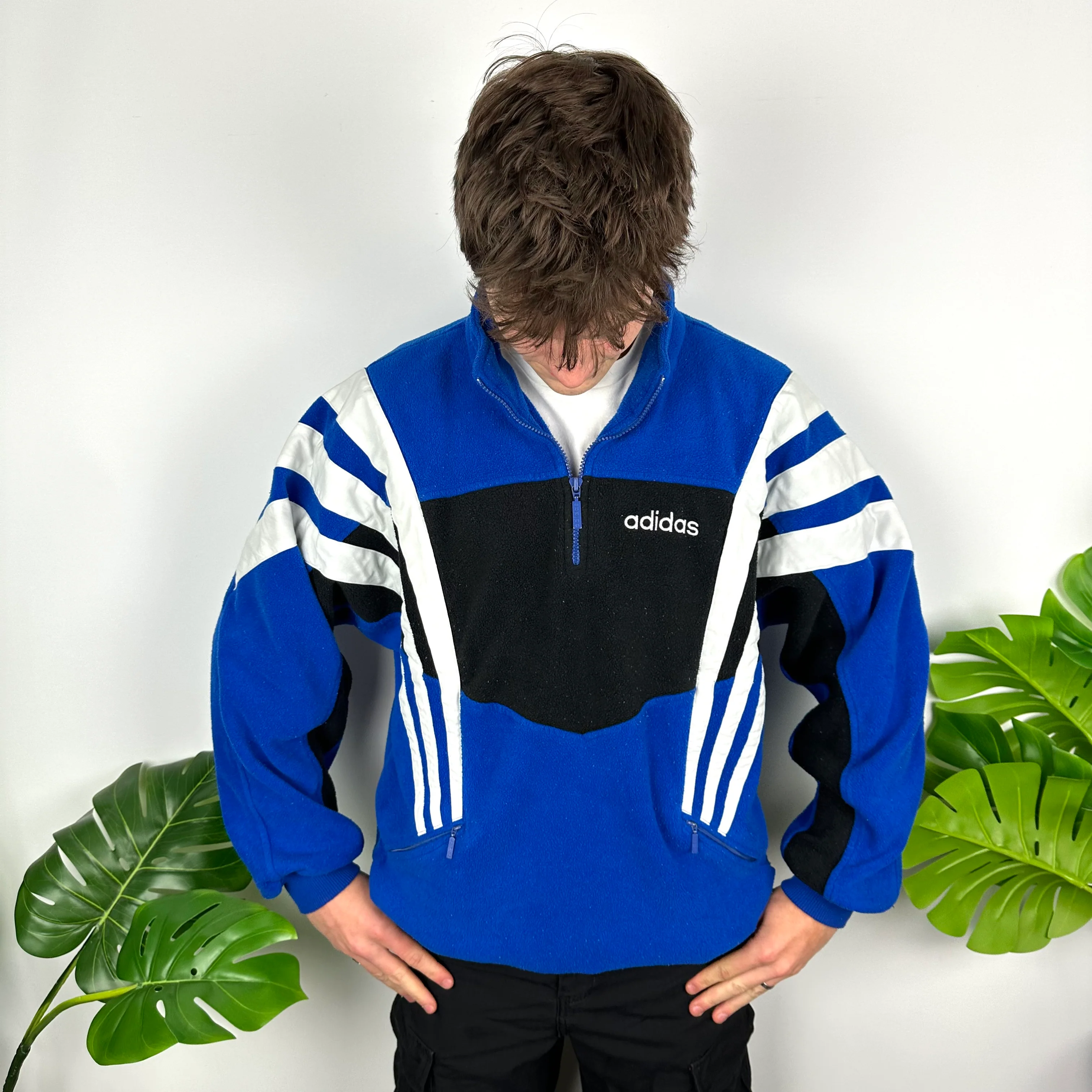 Adidas Blue Colour Block Embroidered Spell Out Teddy Bear Fleece Quarter Zip Sweatshirt (L) - Image 6