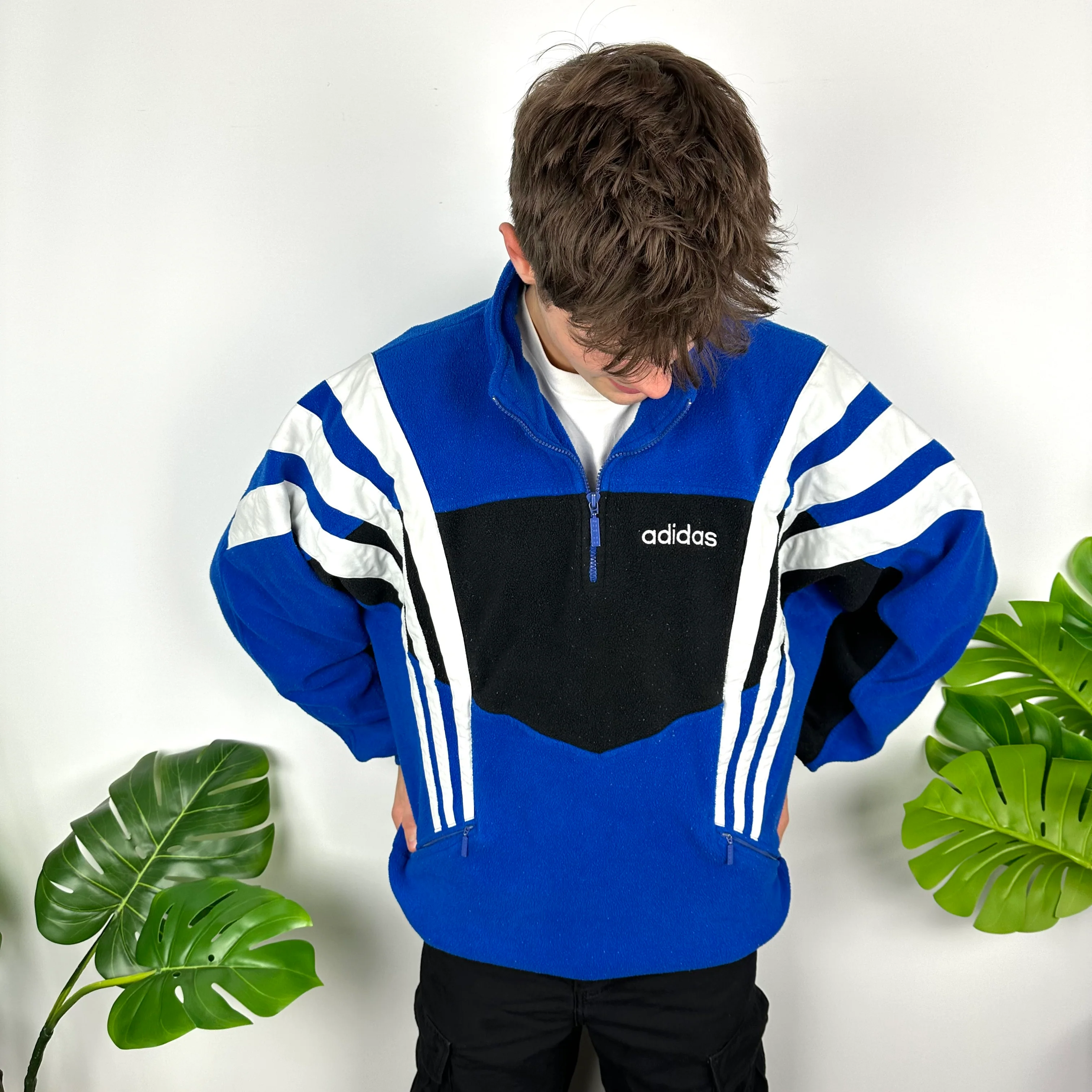 Adidas Blue Colour Block Embroidered Spell Out Teddy Bear Fleece Quarter Zip Sweatshirt (L) - Image 8