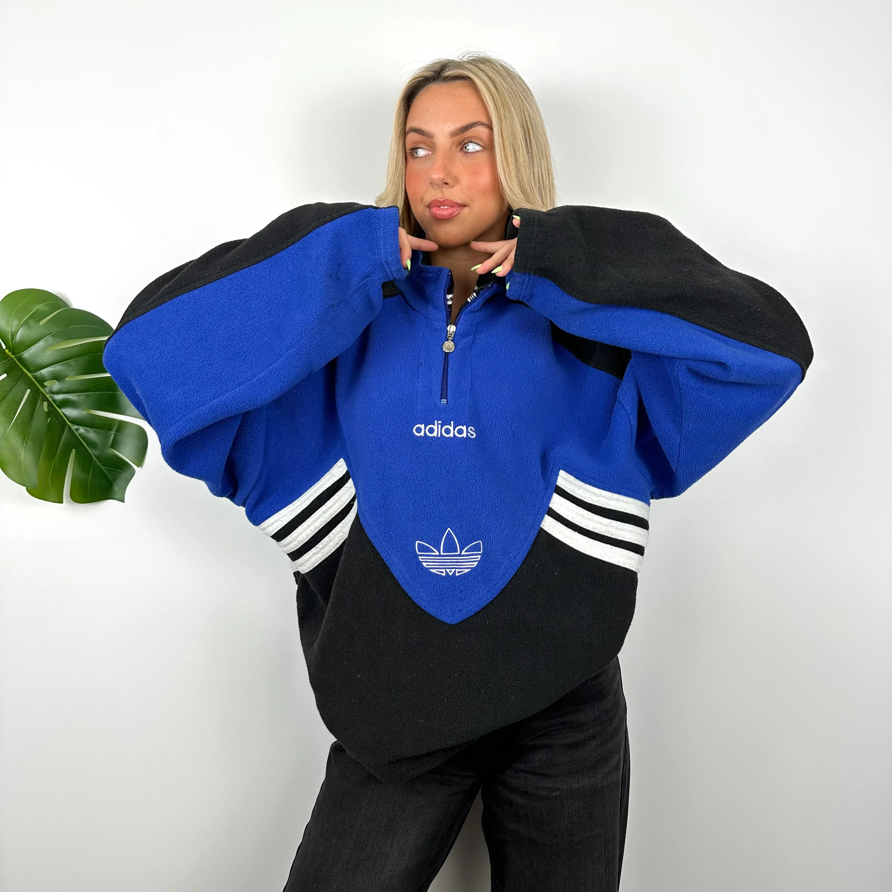 Adidas Blue Colour Block Embroidered Spell Out Teddy Bear Fleece Quarter Zip Sweatshirt (L) - Image 2
