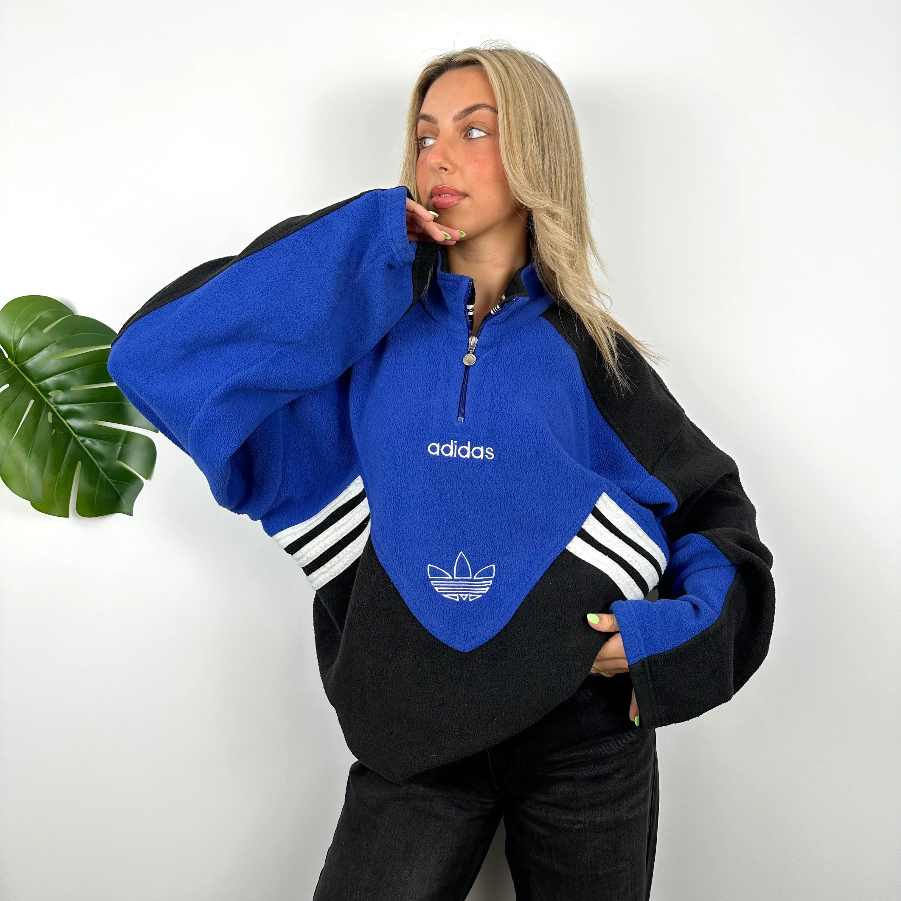 Adidas Blue Colour Block Embroidered Spell Out Teddy Bear Fleece Quarter Zip Sweatshirt (L) - Image 3