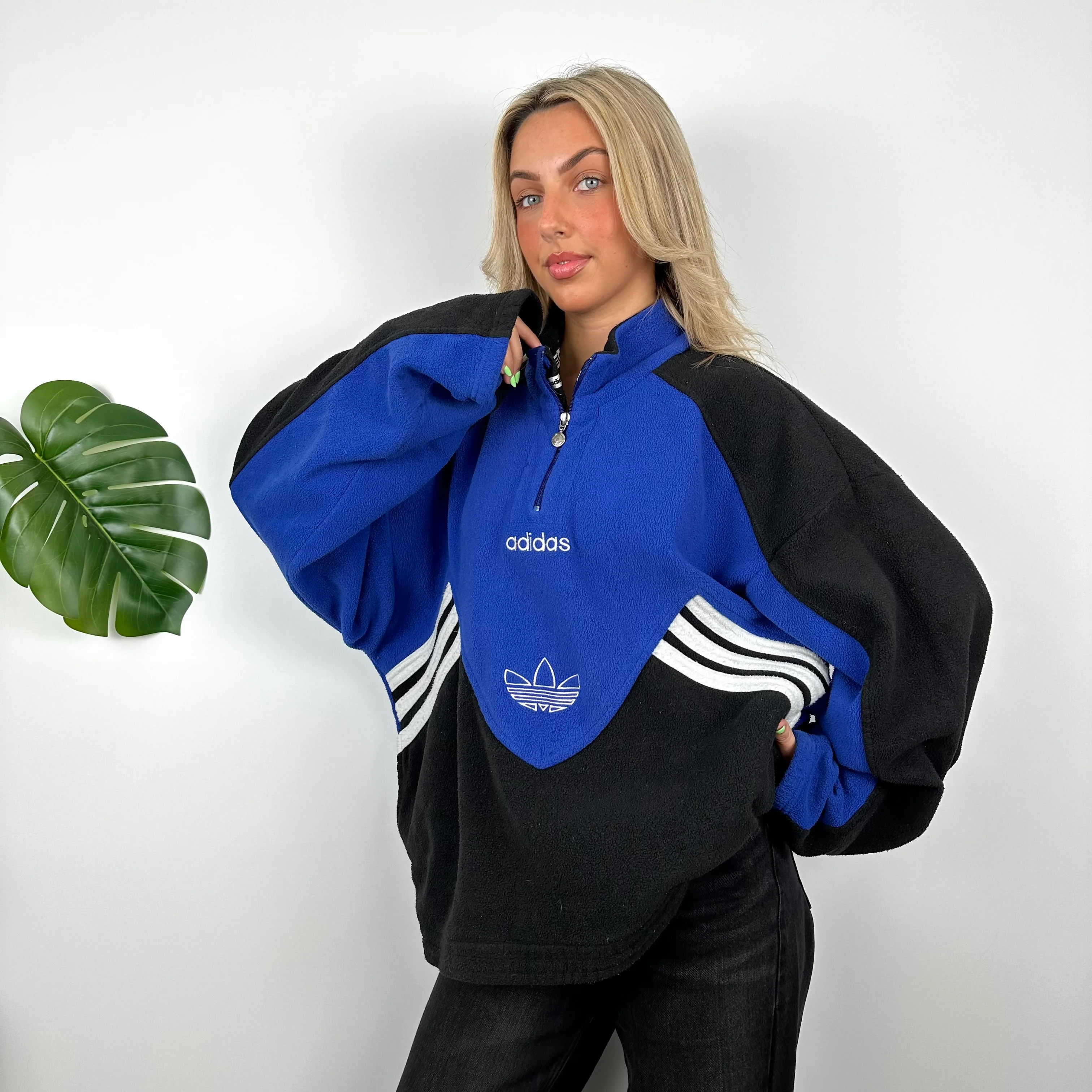 Adidas Blue Colour Block Embroidered Spell Out Teddy Bear Fleece Quarter Zip Sweatshirt (L) - Image 6