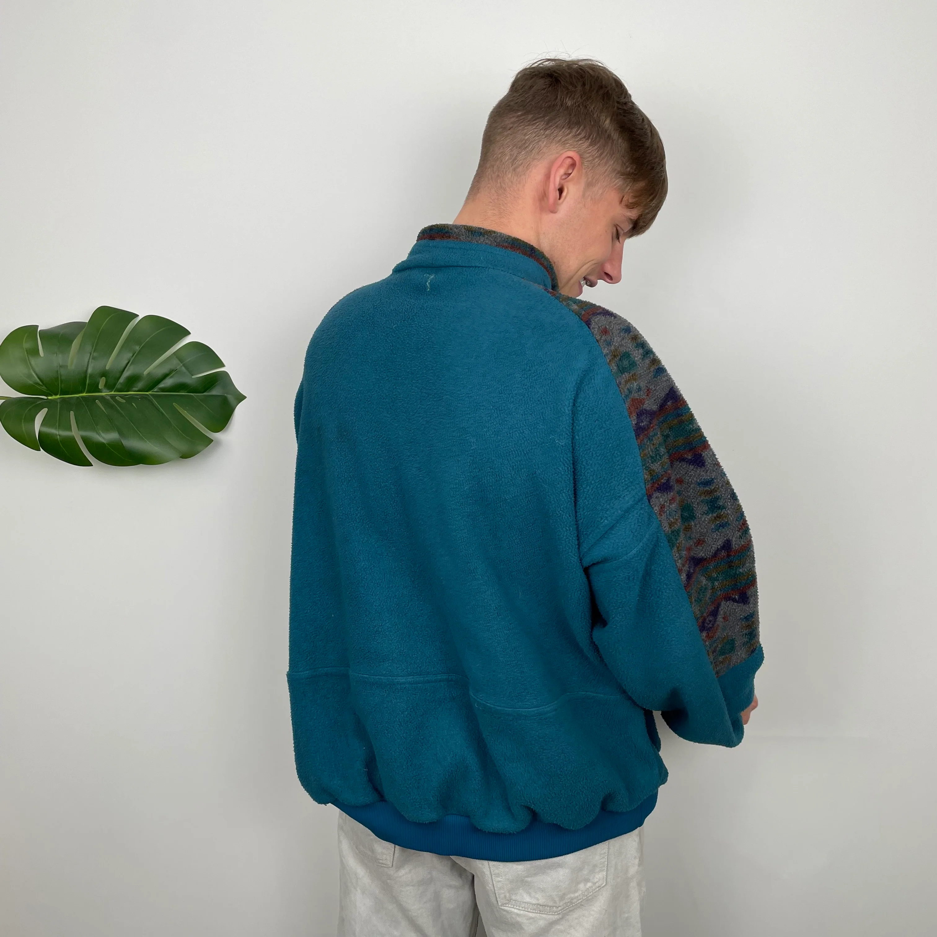 Adidas Blue Colour Block Embroidered Spell Out Teddy Bear Fleece Quarter Zip Sweatshirt (L) - Image 7