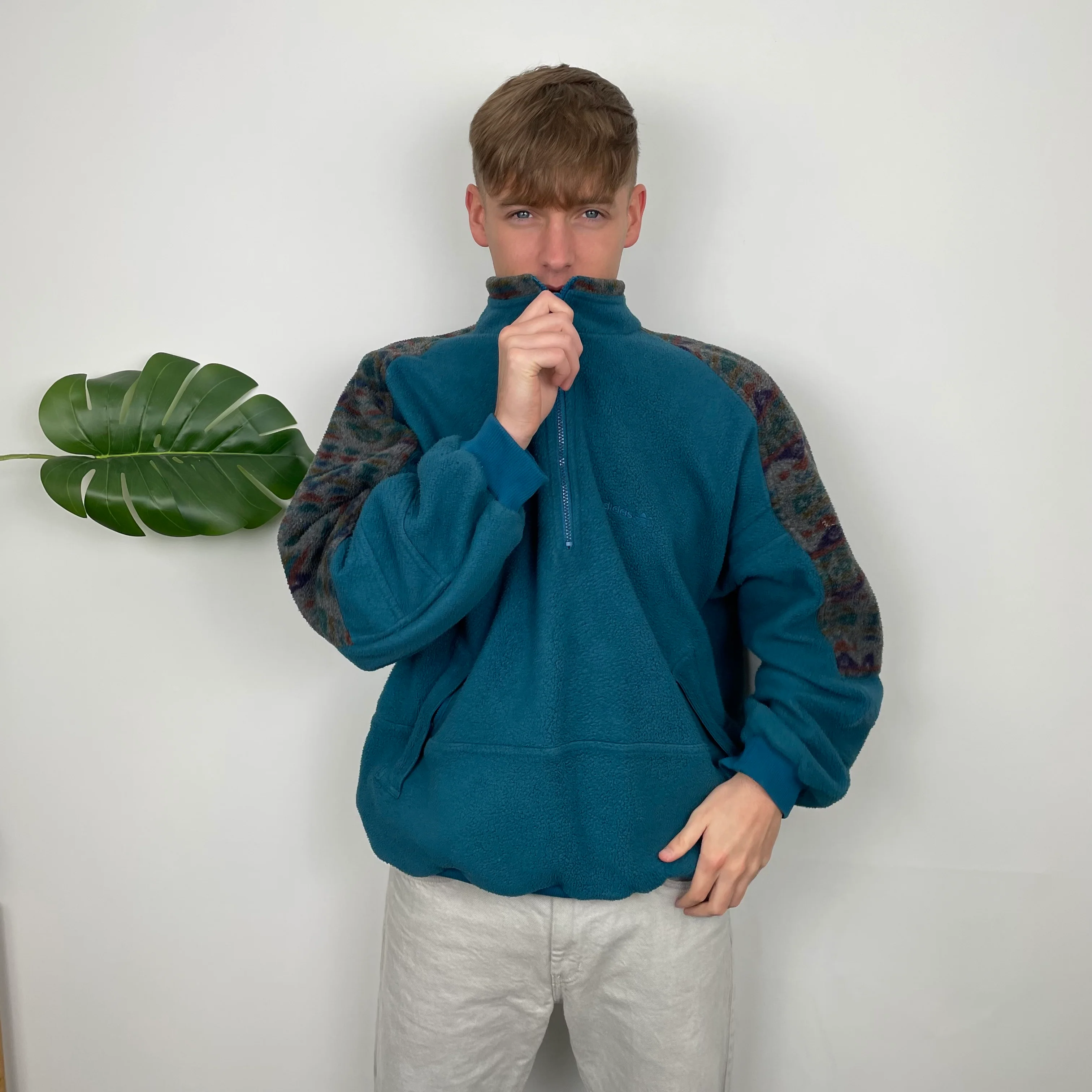 Adidas Blue Colour Block Embroidered Spell Out Teddy Bear Fleece Quarter Zip Sweatshirt (L) - Image 9