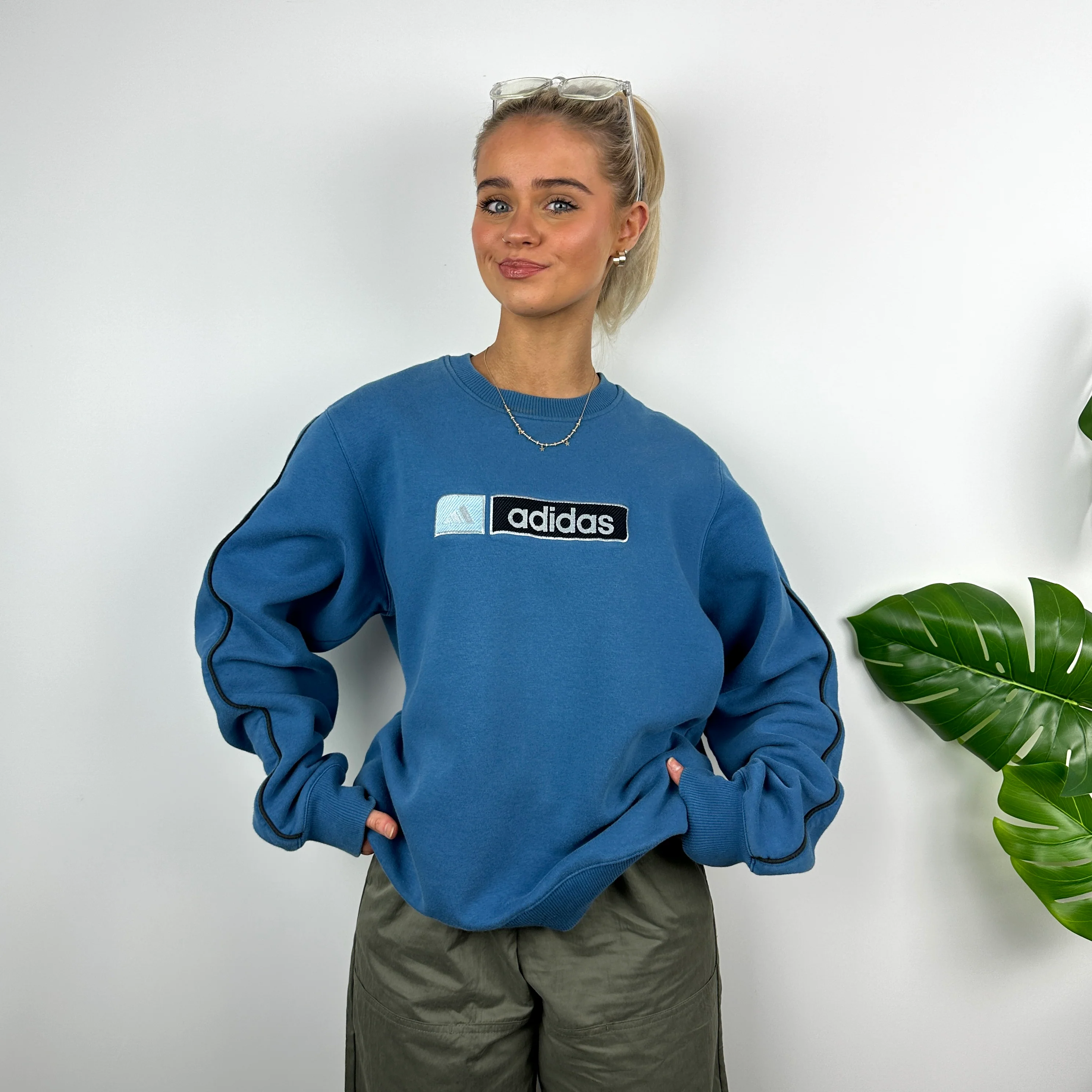 Adidas Blue Embroidered Spell Out Sweatshirt (M)