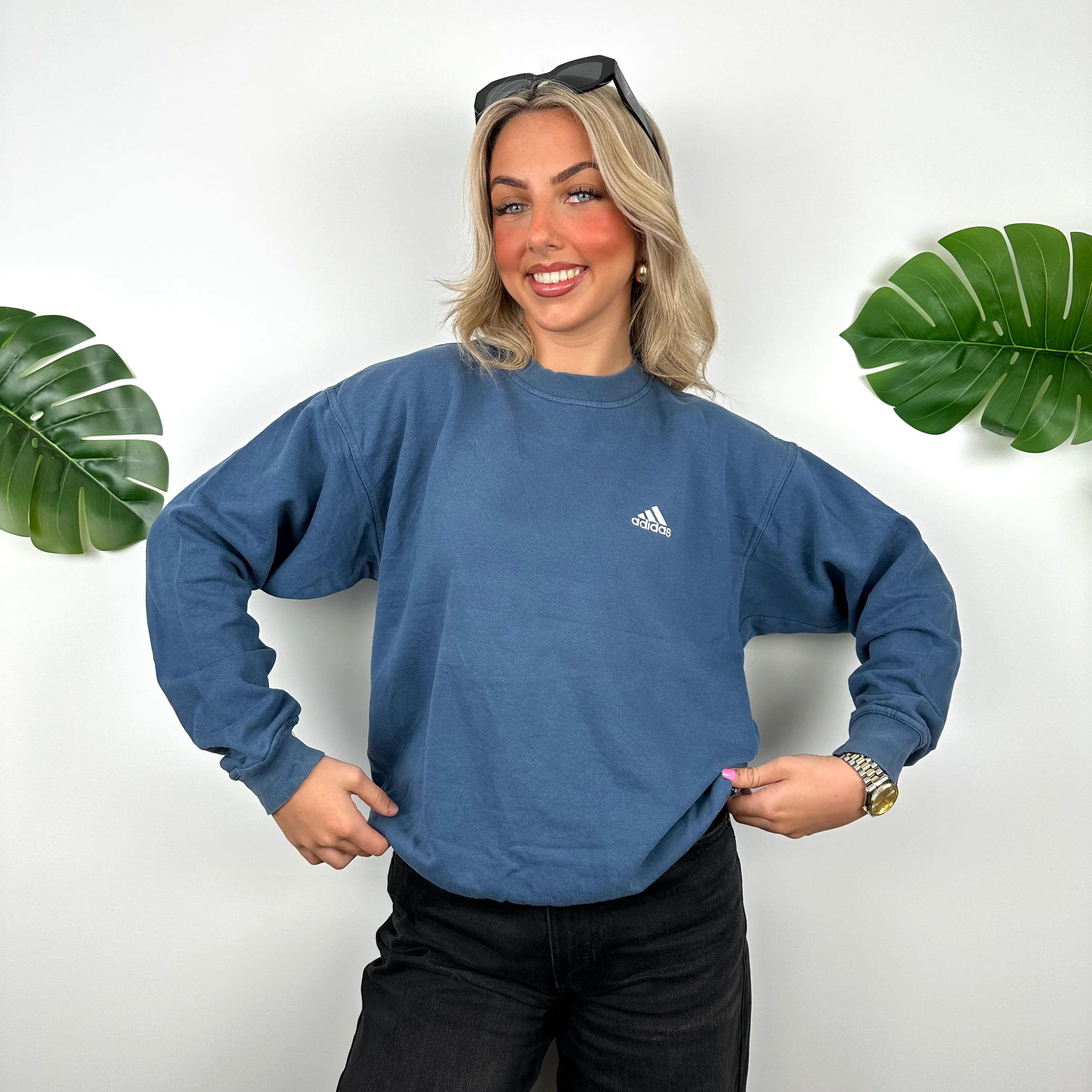 Adidas Blue Embroidered Spell Out Sweatshirt (S) - Image 2
