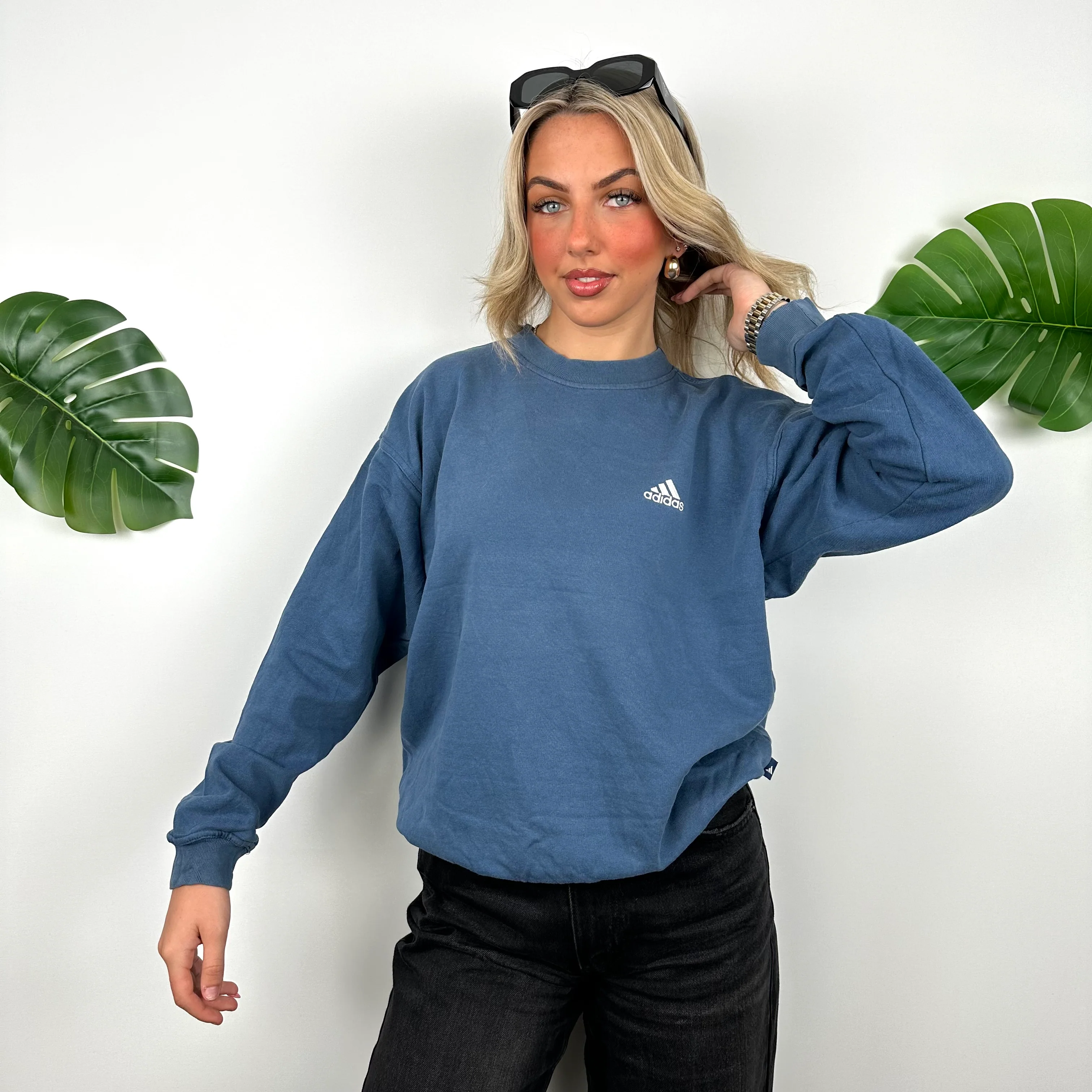 Adidas Blue Embroidered Spell Out Sweatshirt (S) - Image 3