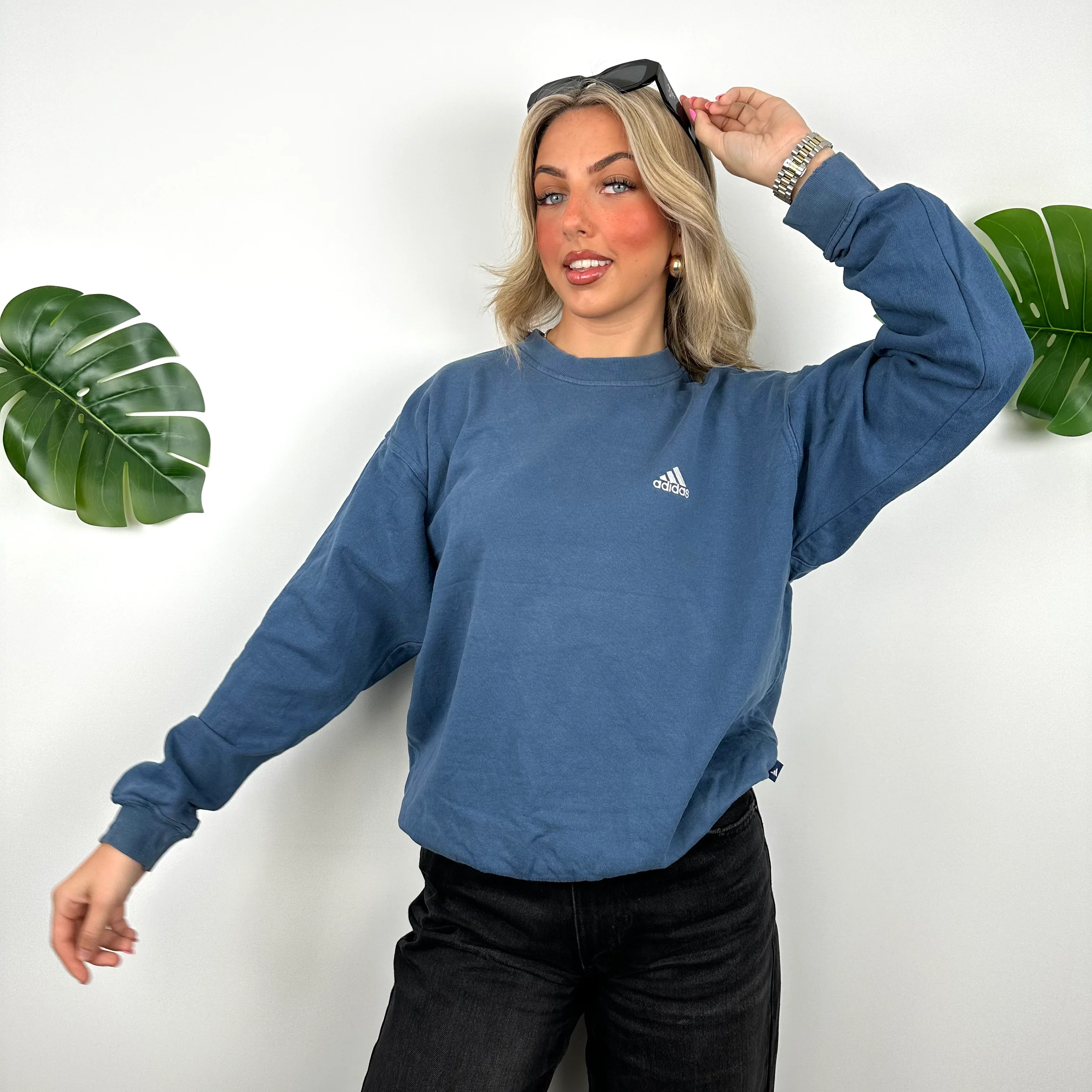 Adidas Blue Embroidered Spell Out Sweatshirt (S) - Image 4