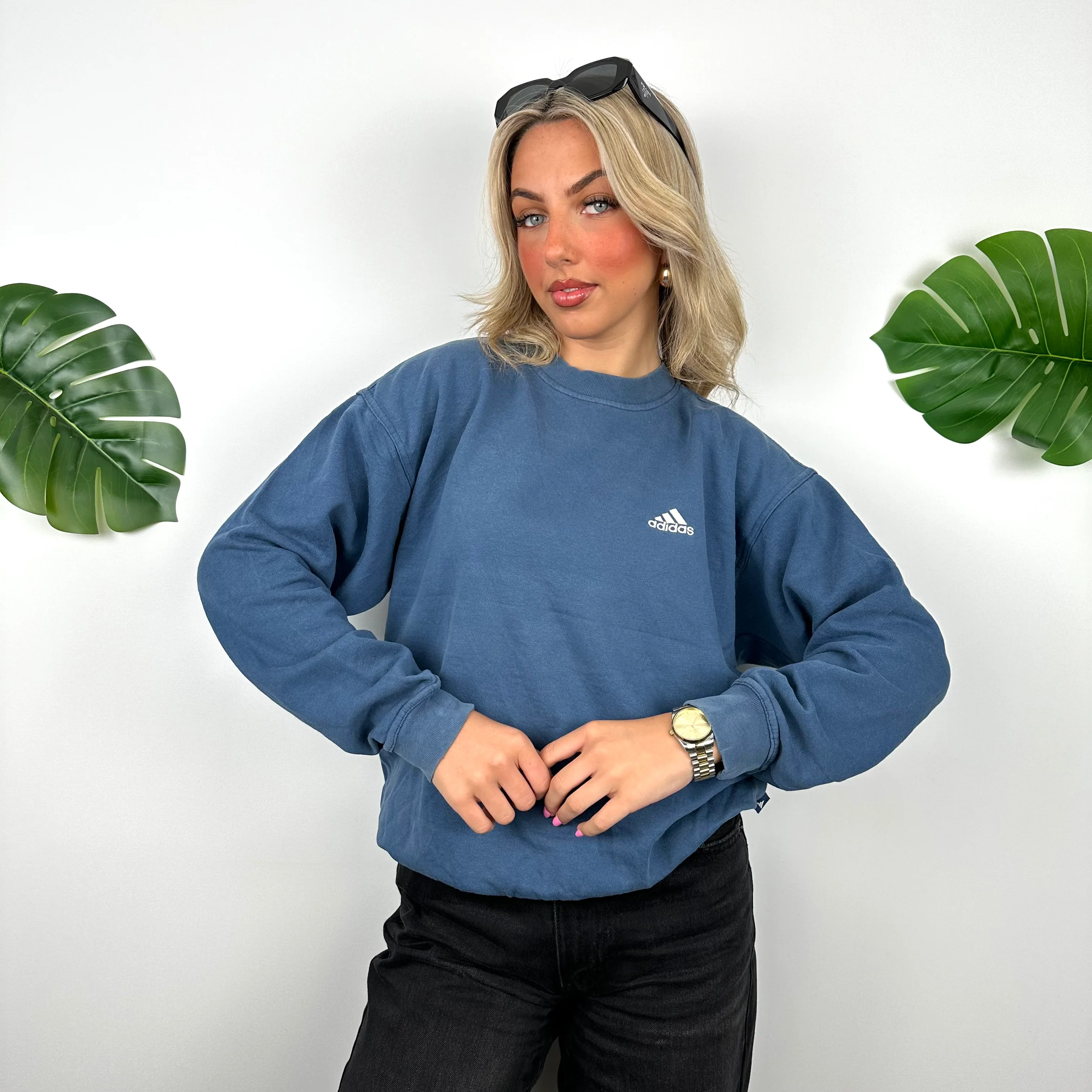 Adidas Blue Embroidered Spell Out Sweatshirt (S) - Image 5