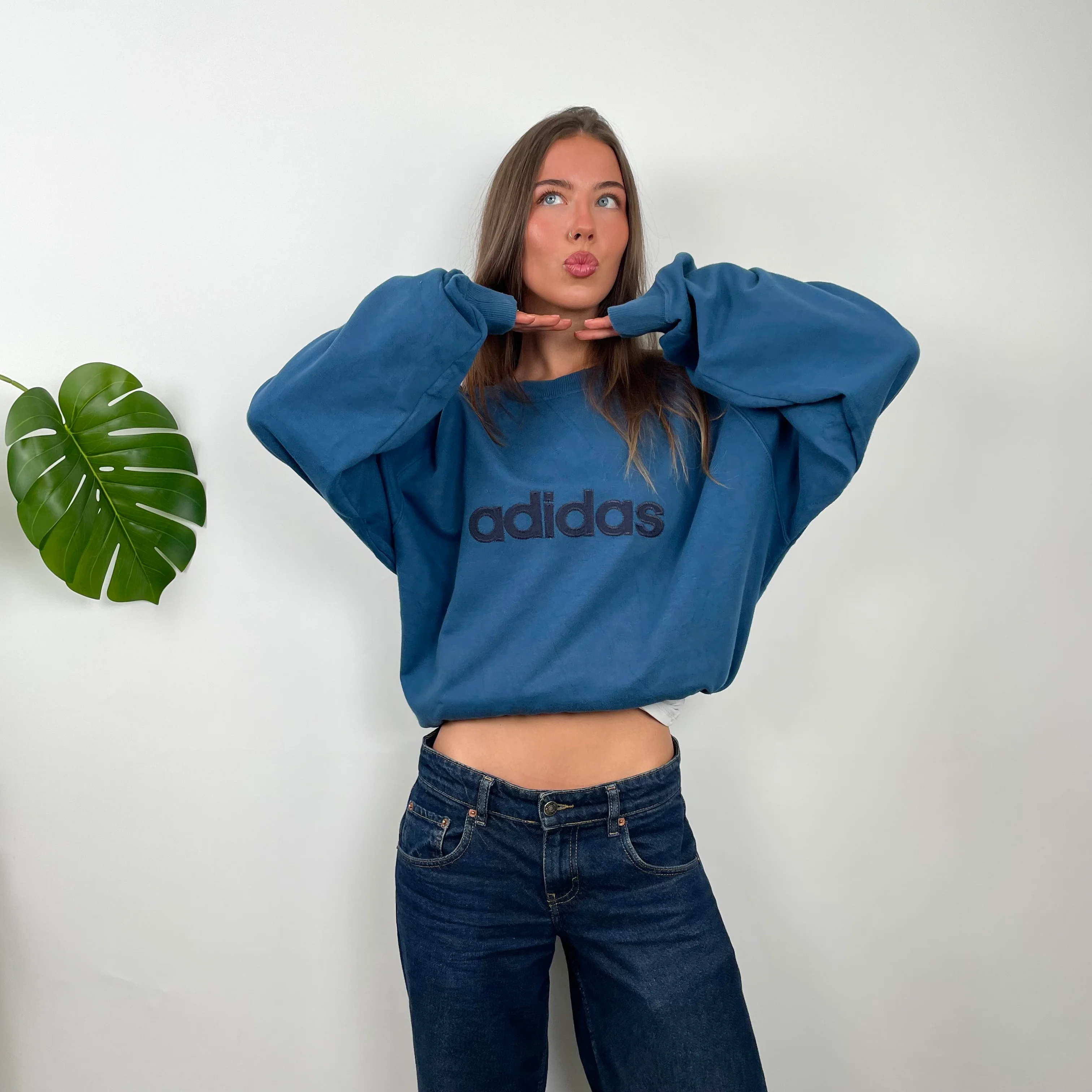 Adidas Blue Embroidered Spell Out Sweatshirt (XL)