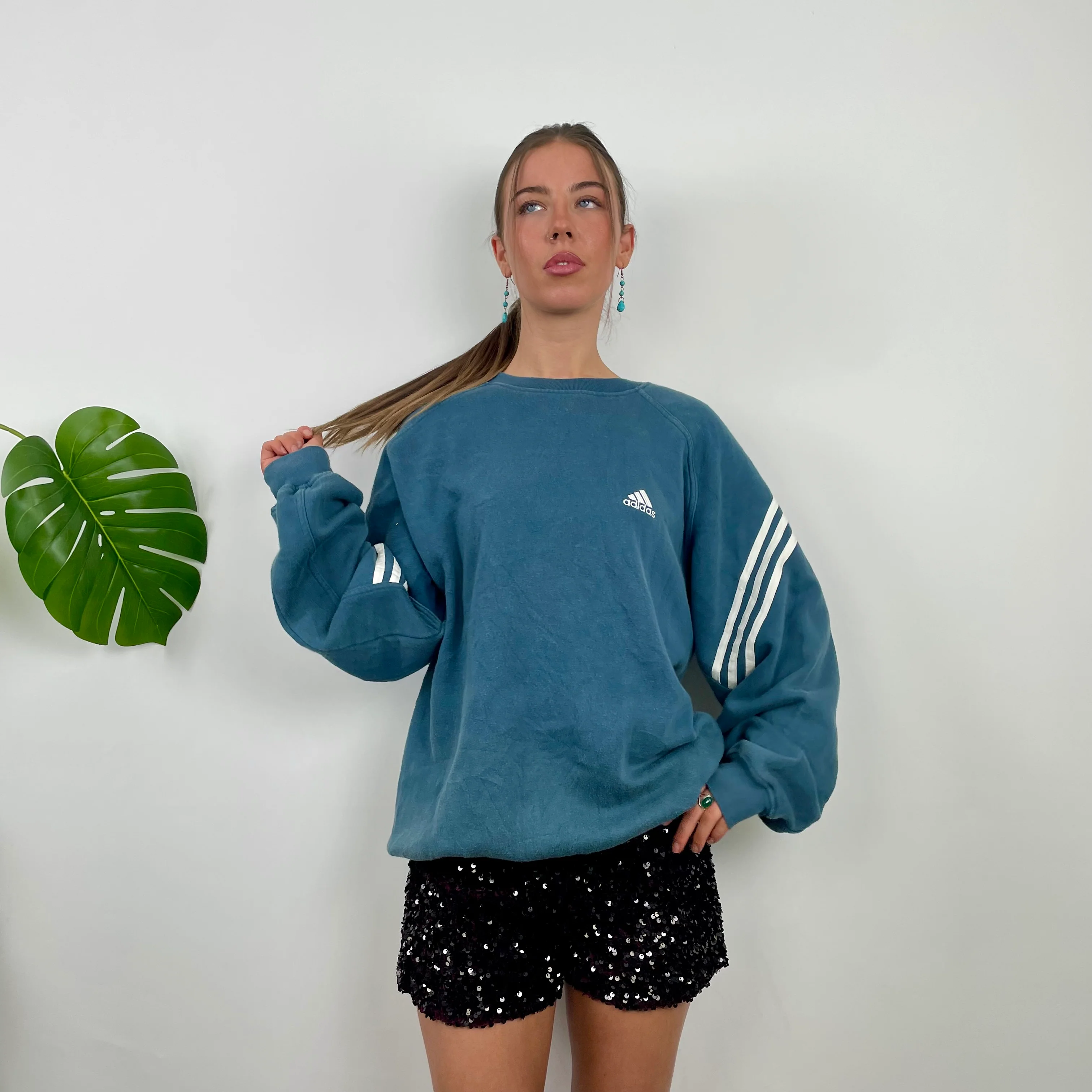 Adidas Blue Embroidered Spell Out Sweatshirt (XL) - Image 3