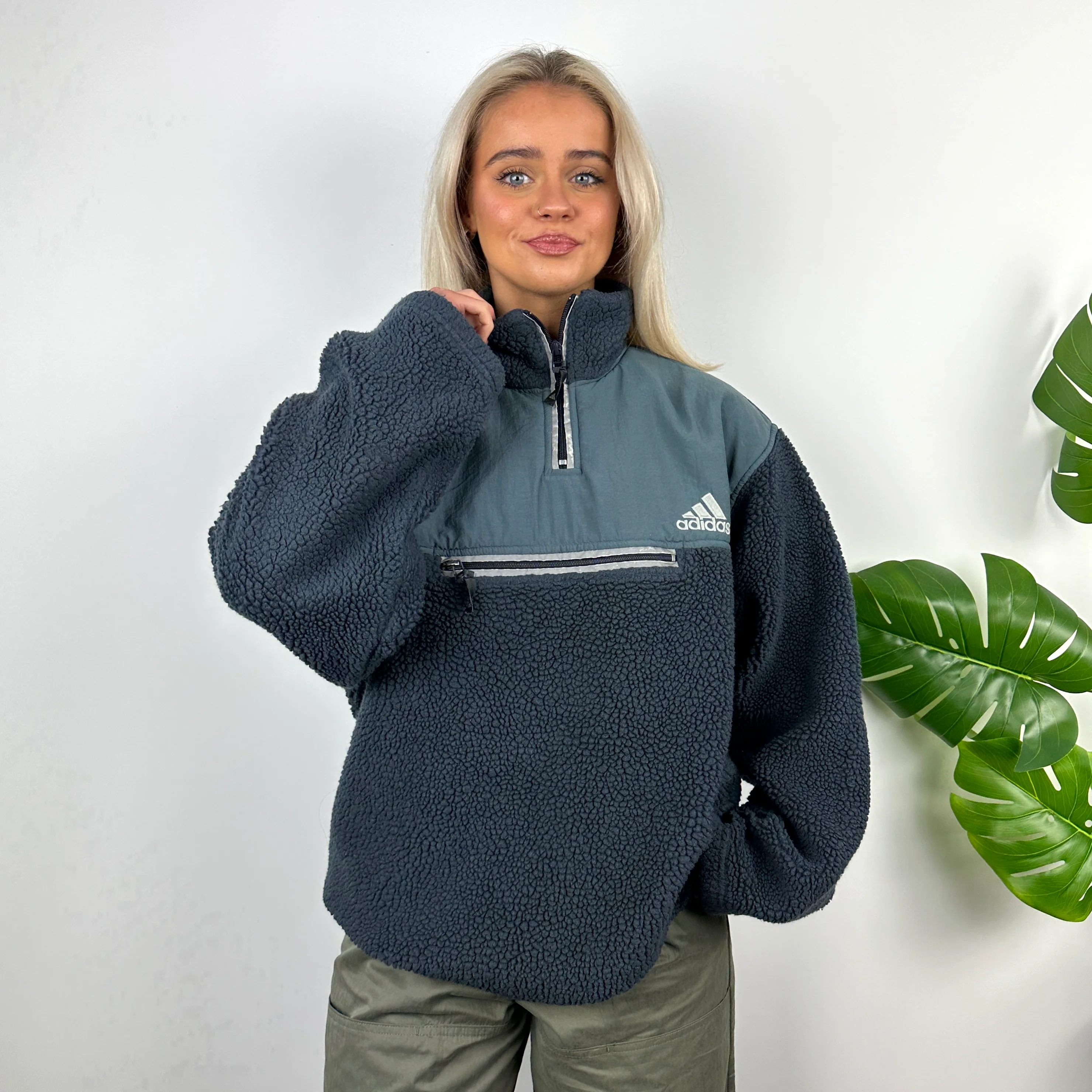 Adidas Blue Embroidered Spell Out Teddy Bear Sherpa Fleece Quarter Zip Sweatshirt (M) - Image 3
