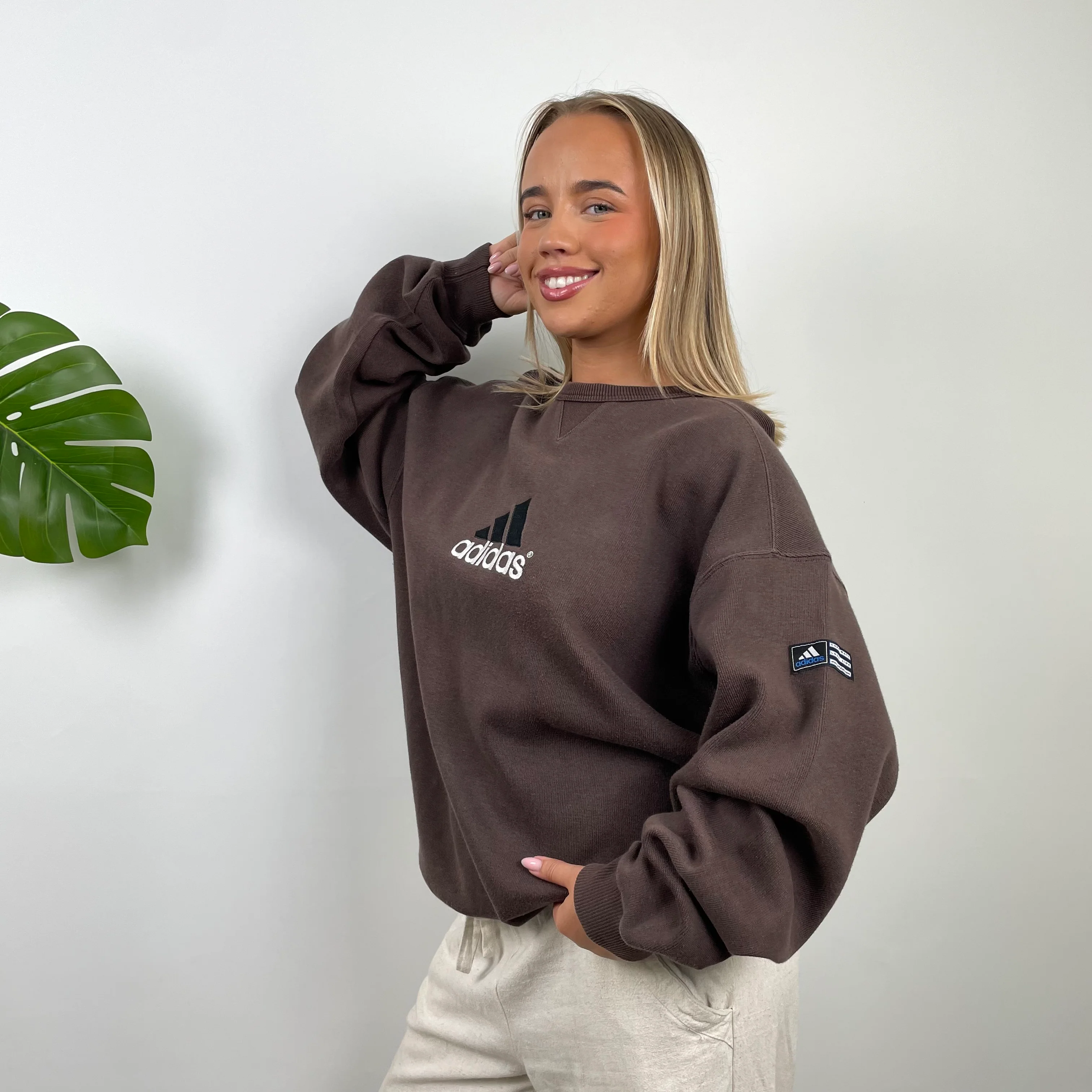 Adidas Brown Embroidered Spell Out Sweatshirt (XL) - Image 3