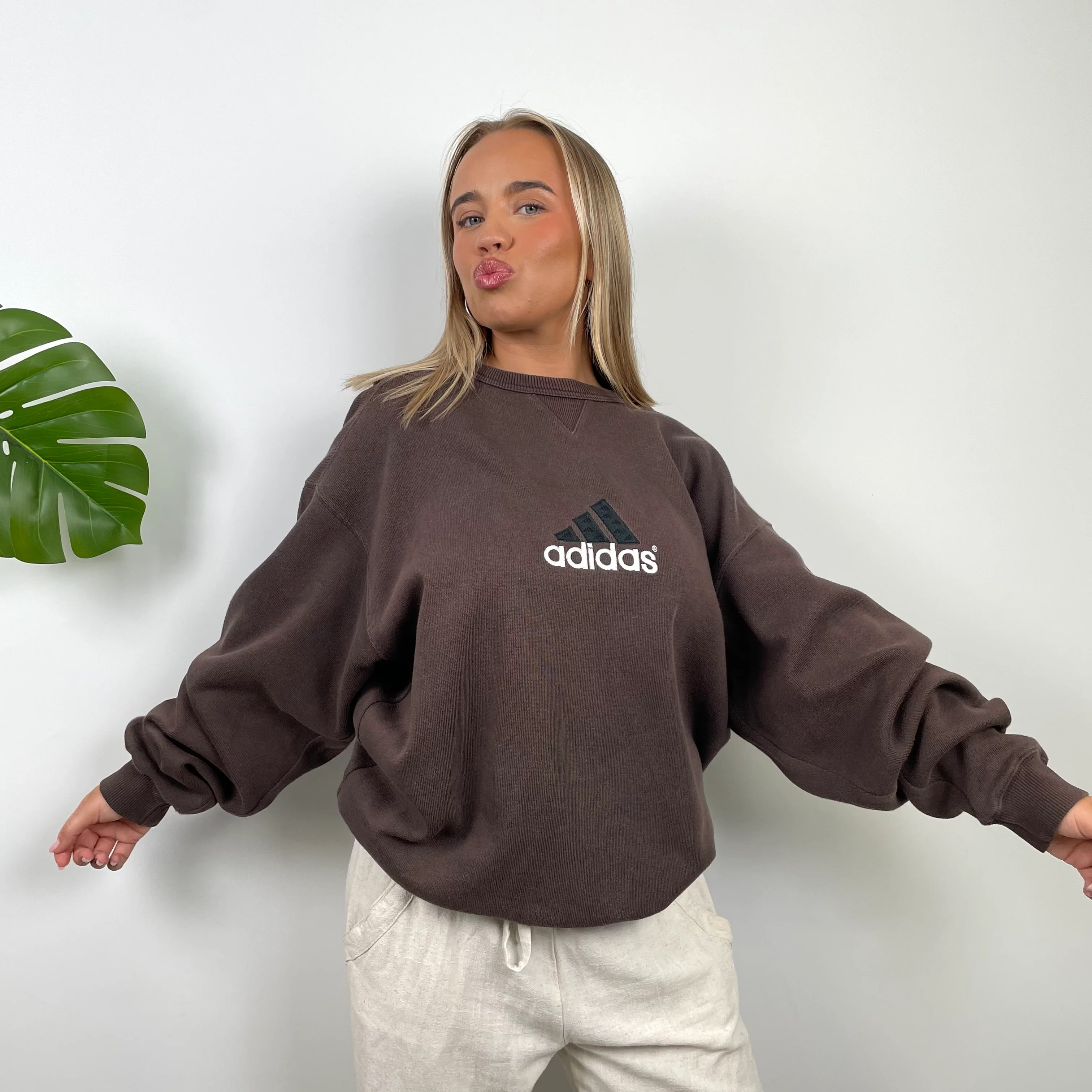 Adidas Brown Embroidered Spell Out Sweatshirt (XL) - Image 4