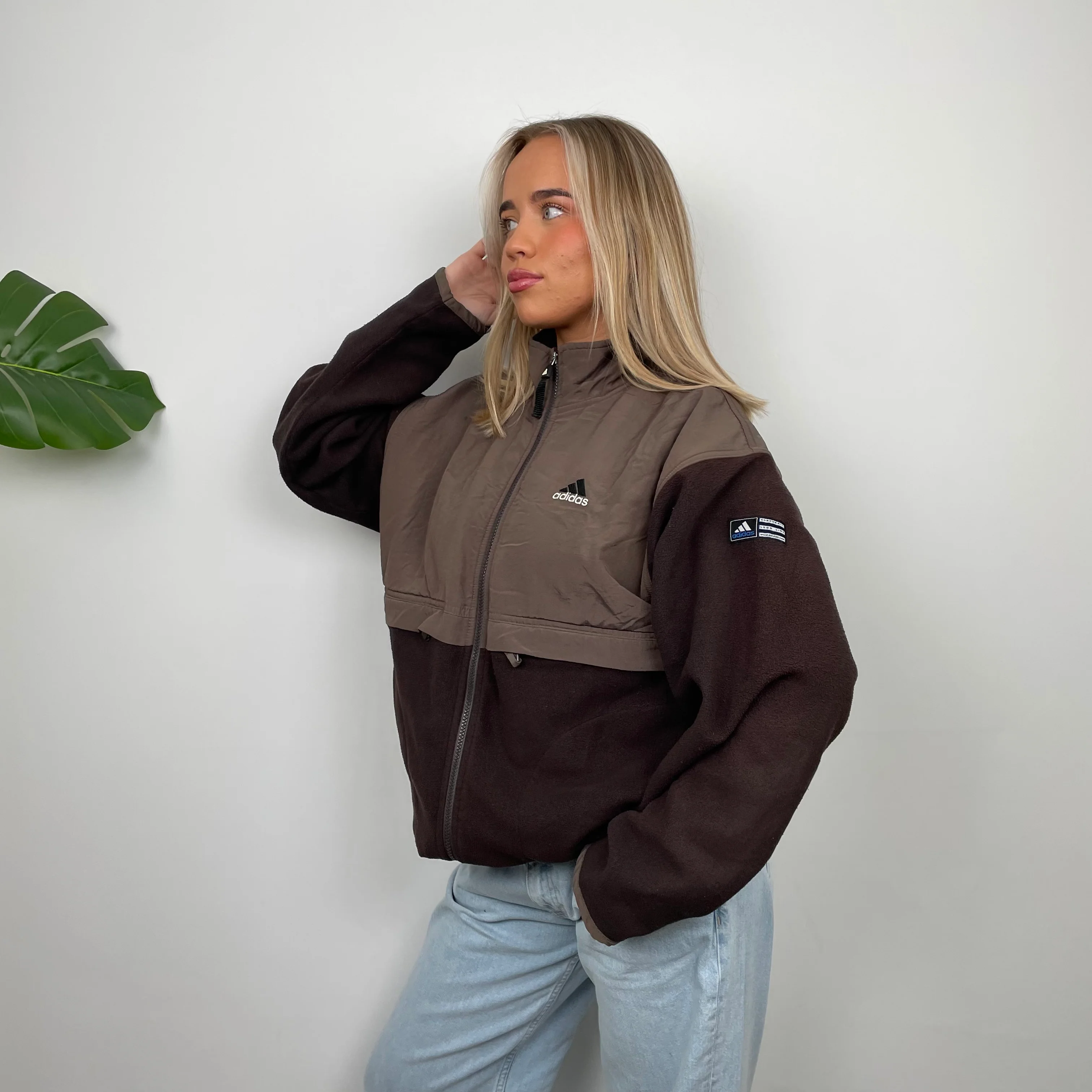 Adidas Brown Embroidered Spell Out Teddy Bear Fleece Zip Up Jacket (L) - Image 6