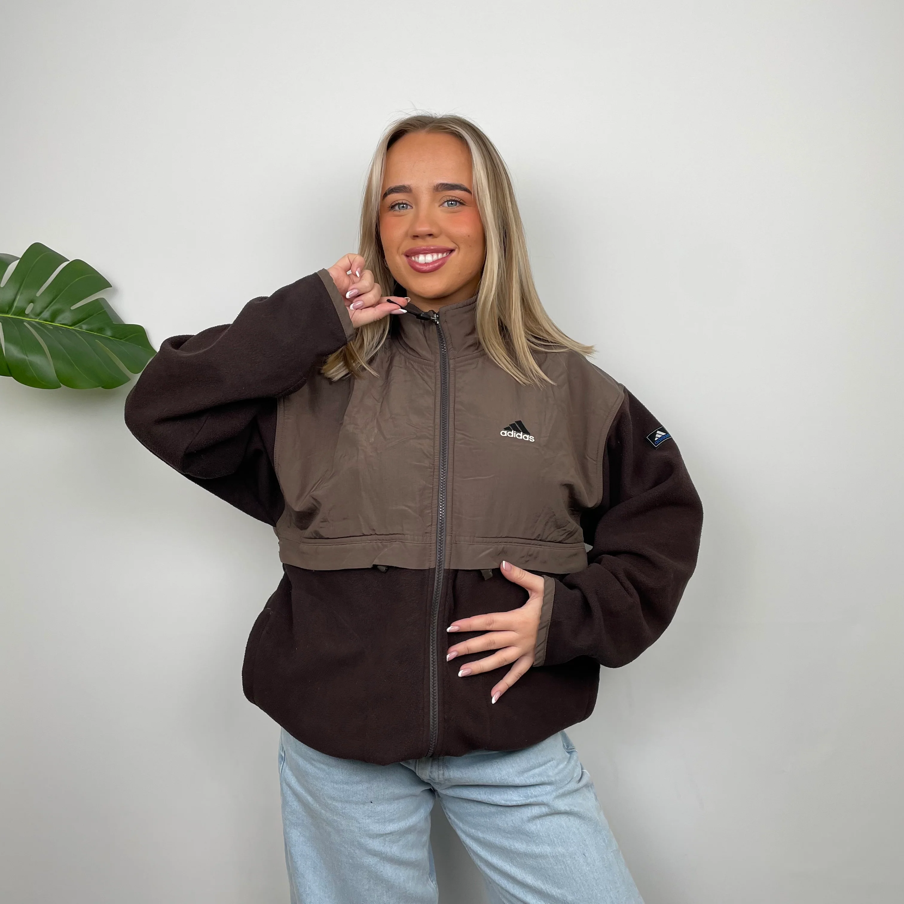 Adidas Brown Embroidered Spell Out Teddy Bear Fleece Zip Up Jacket (L) - Image 8