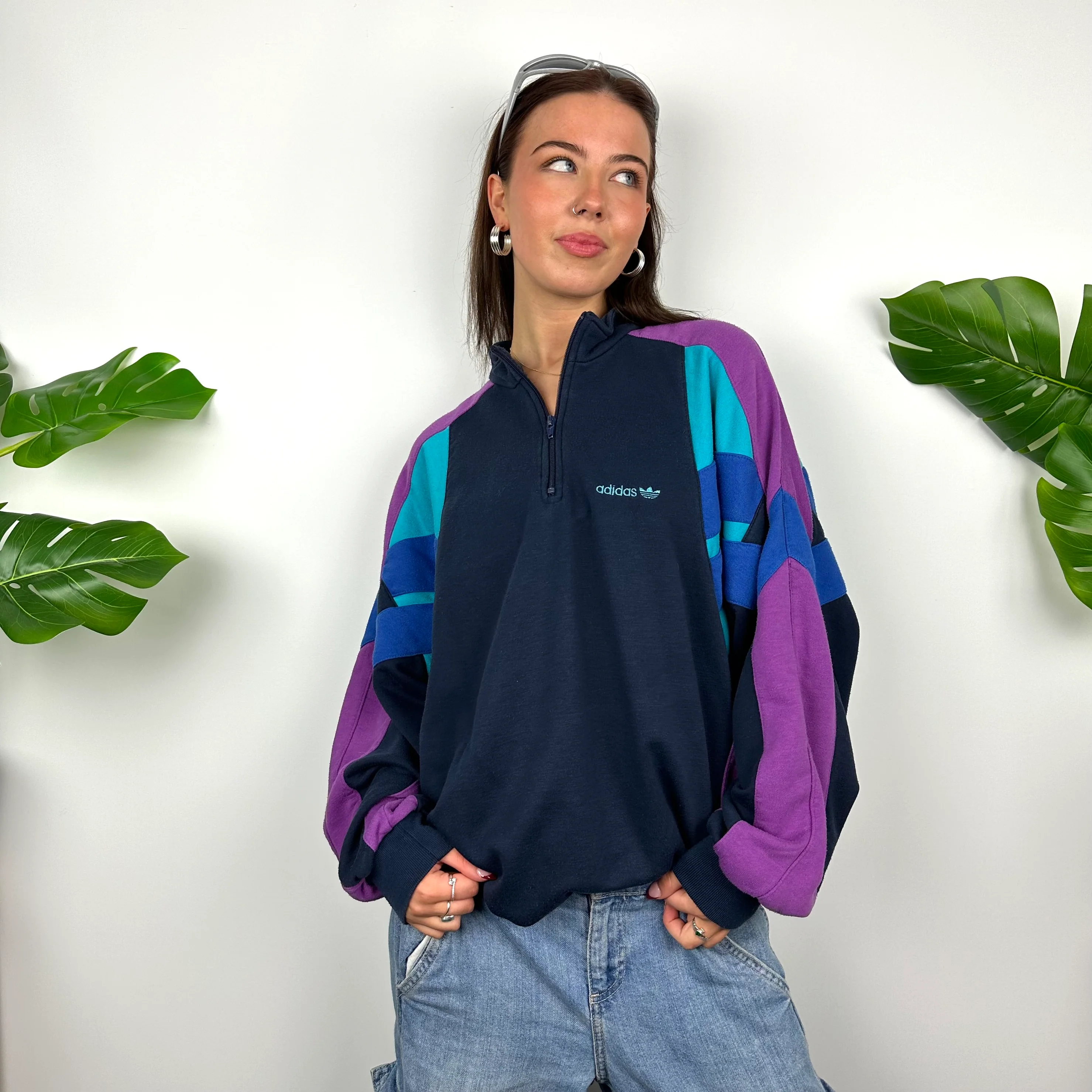 Adidas Colour Block Embroidered Spell Out Quarter Zip Sweatshirt (L) - Image 2