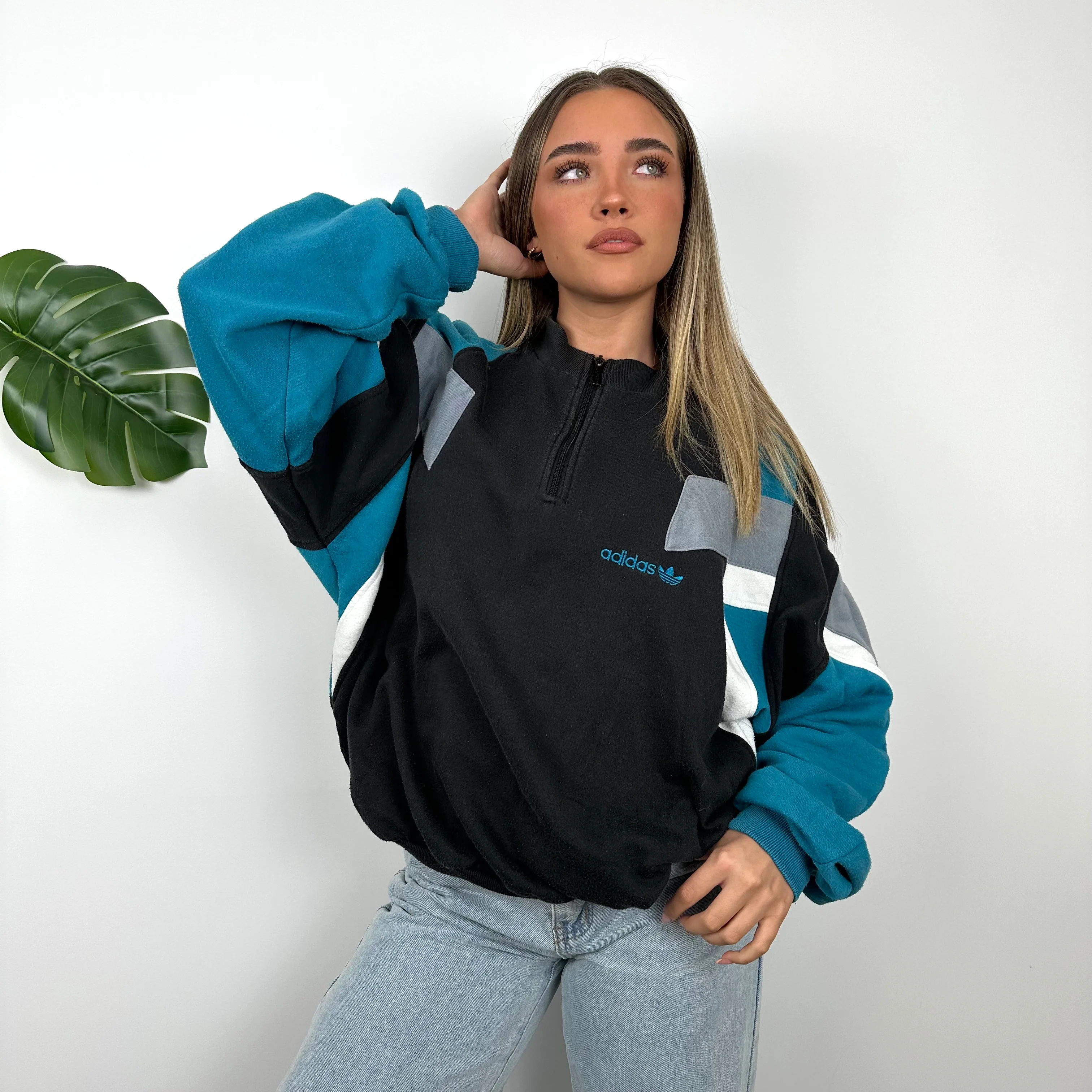 Adidas Colour Block Embroidered Spell Out Quarter Zip Sweatshirt (L) - Image 4