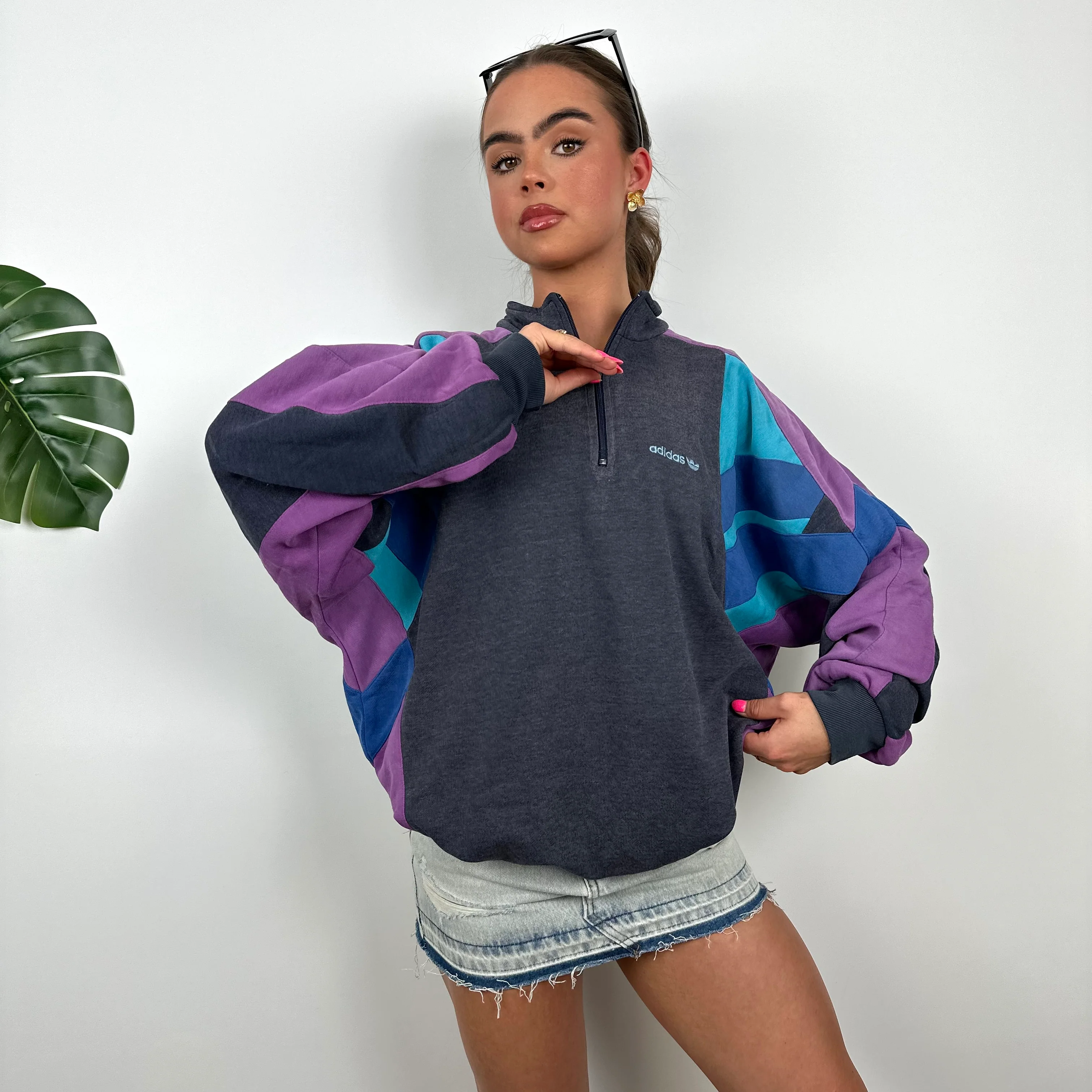 Adidas Colour Block Embroidered Spell Out Quarter Zip Sweatshirt (L) - Image 3