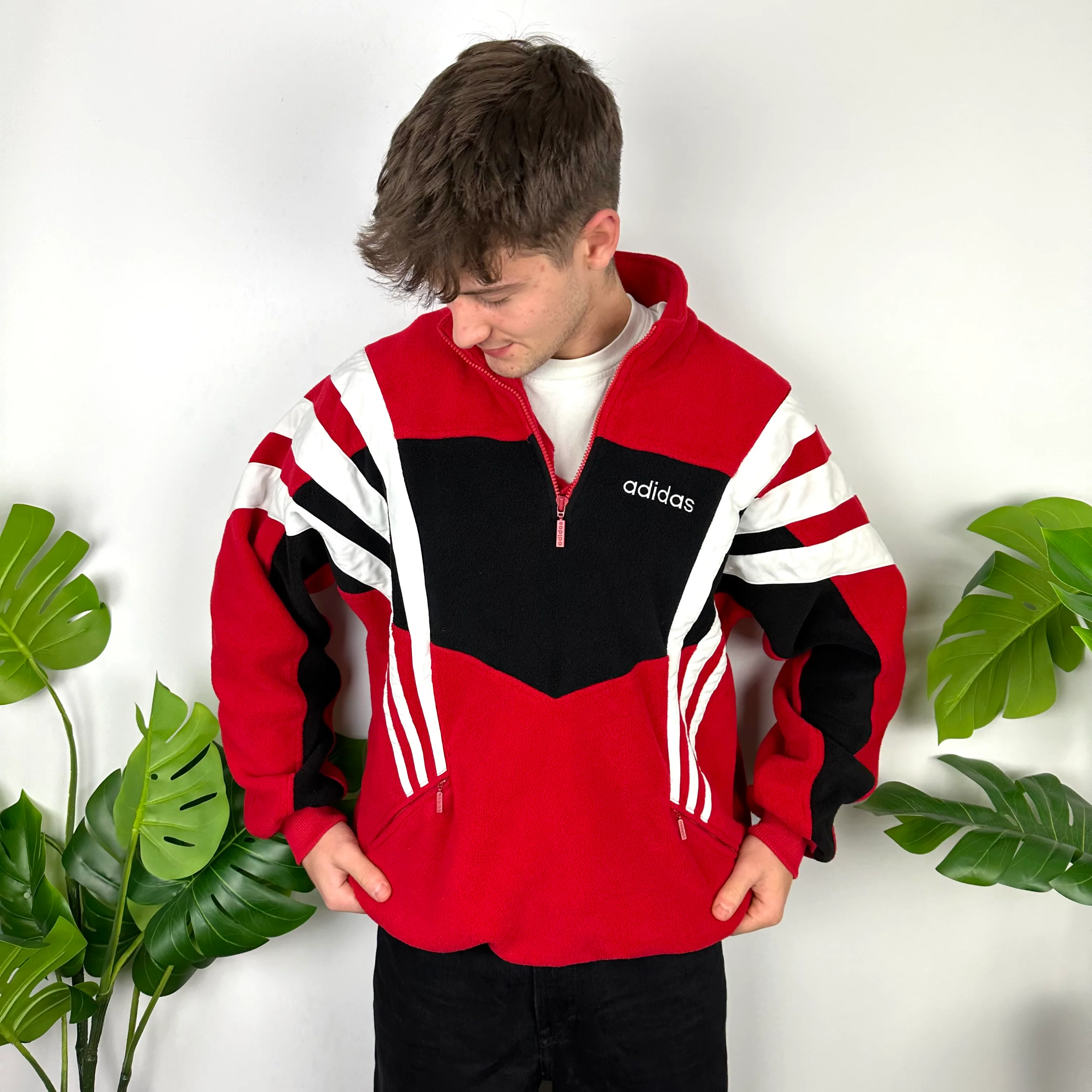 Adidas Colour Block Embroidered Spell Out Teddy Bear Fleece Quarter Zip Sweatshirt (XL) - Image 2