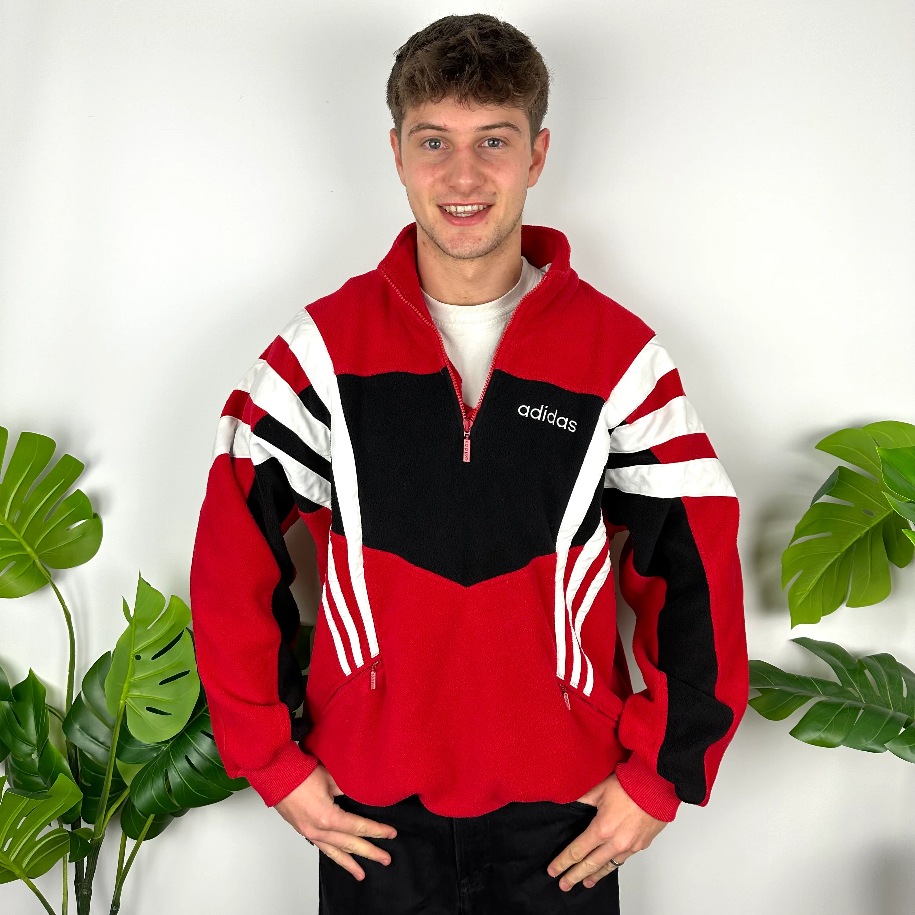 Adidas Colour Block Embroidered Spell Out Teddy Bear Fleece Quarter Zip Sweatshirt (XL) - Image 3