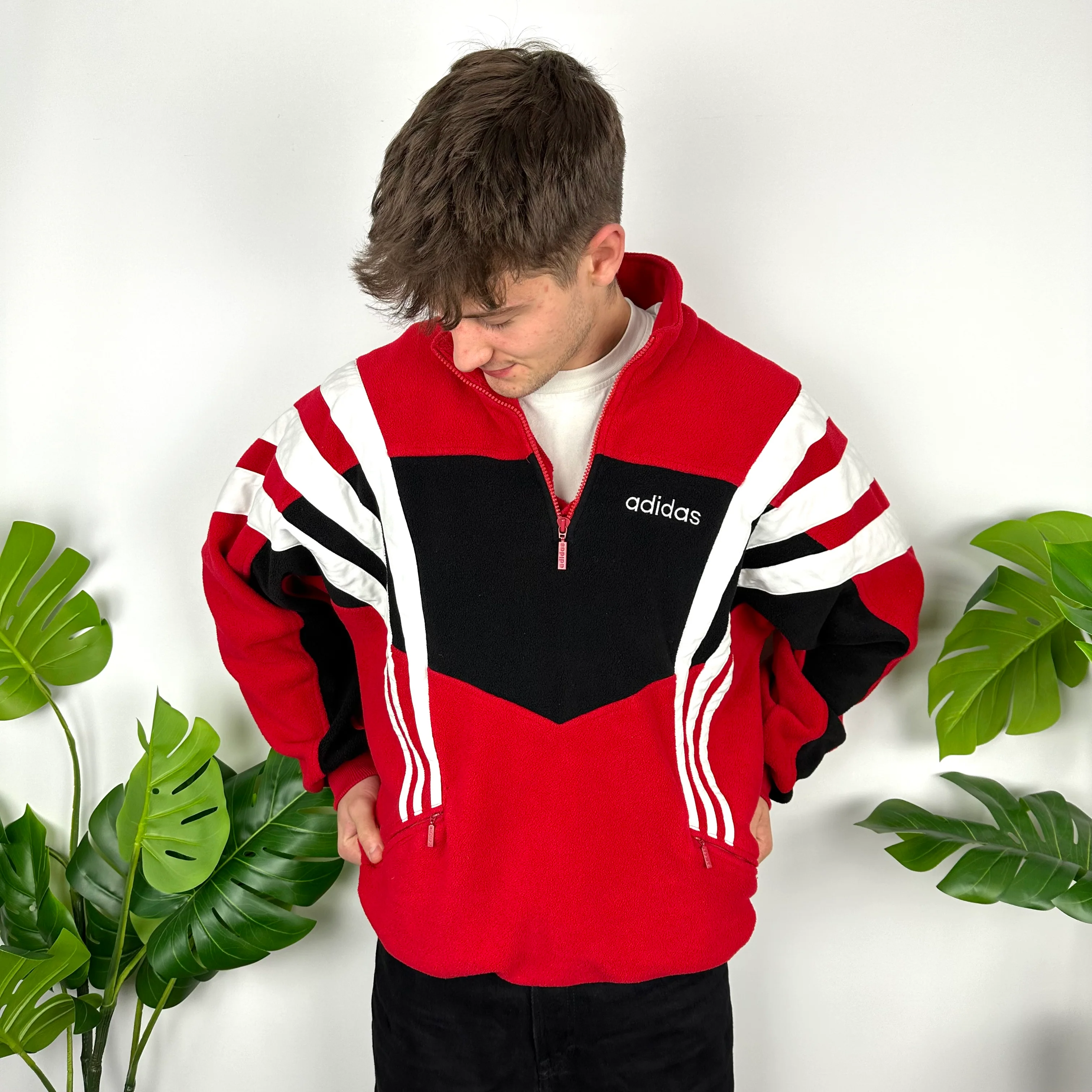 Adidas Colour Block Embroidered Spell Out Teddy Bear Fleece Quarter Zip Sweatshirt (XL) - Image 4