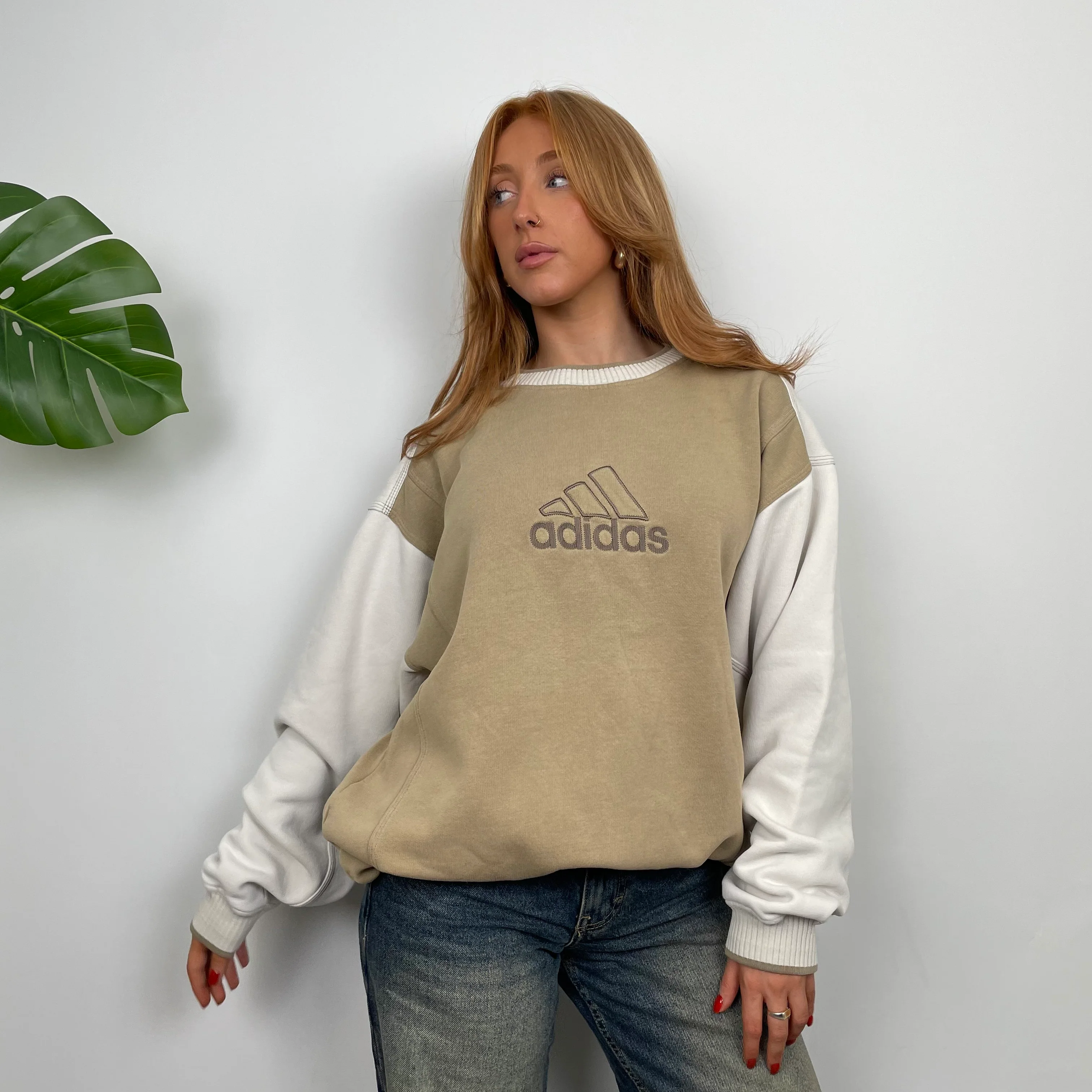 Adidas Cream and Tan Brown Embroidered Spell Out Sweatshirt (M) - Image 4