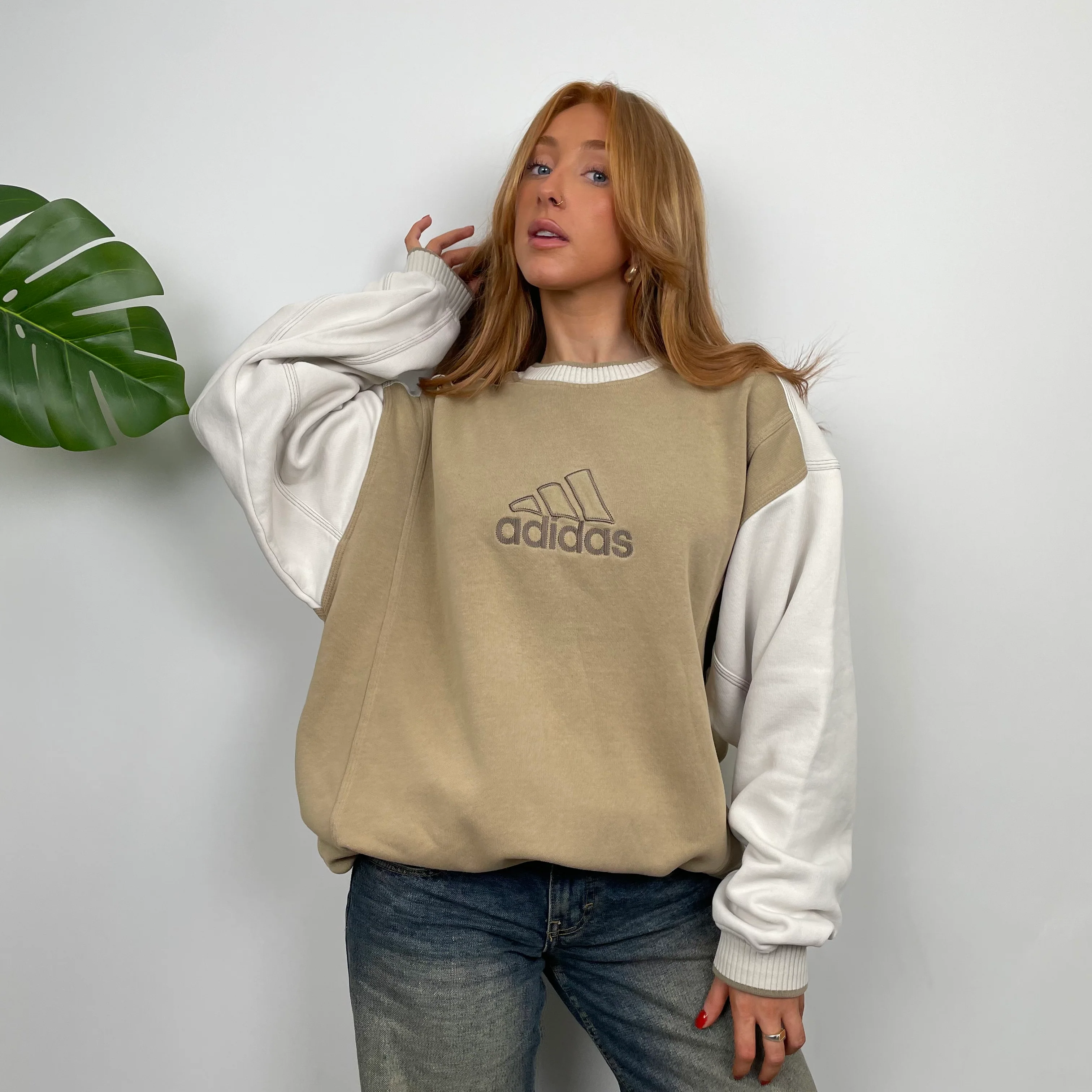 Adidas Cream and Tan Brown Embroidered Spell Out Sweatshirt (M) - Image 5