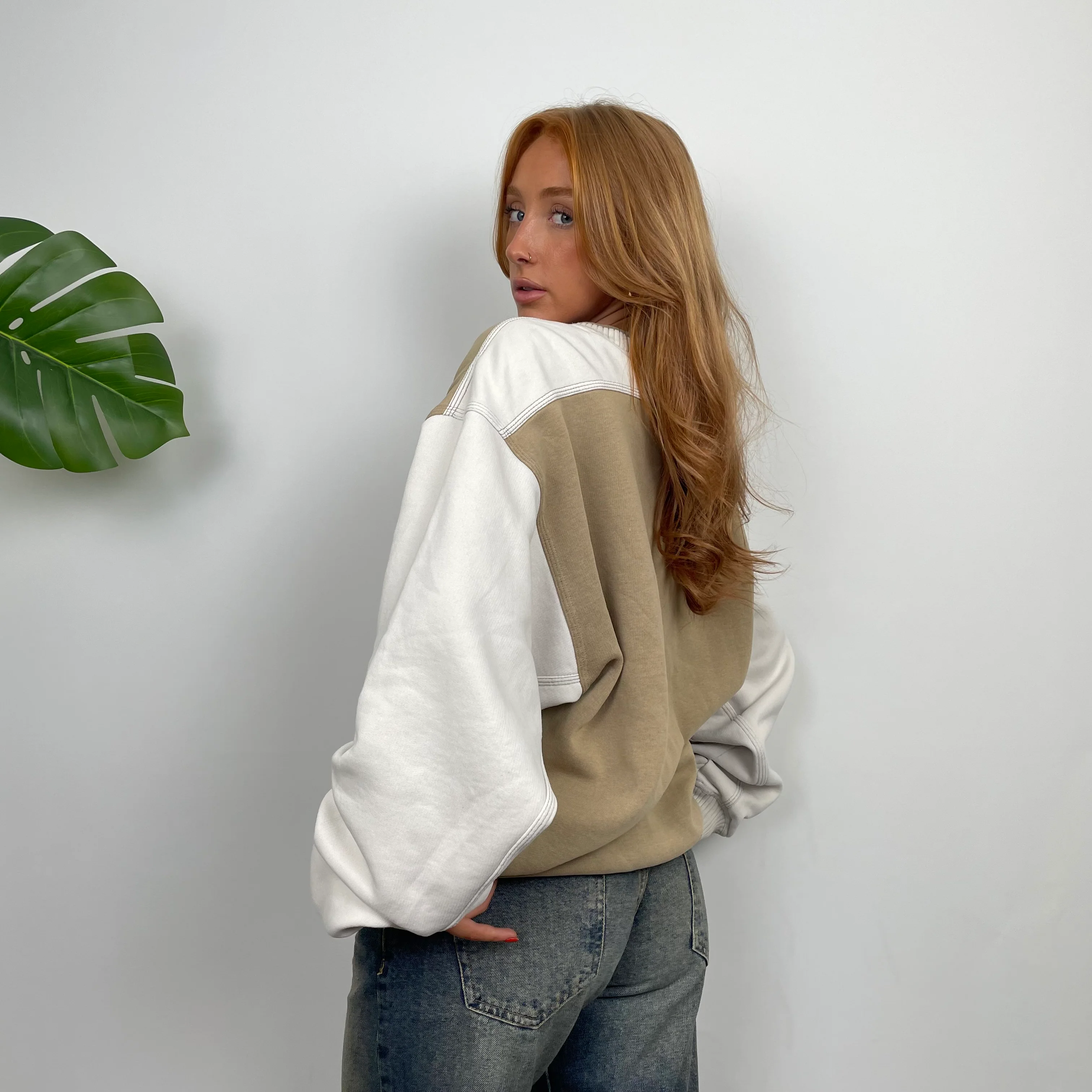Adidas Cream and Tan Brown Embroidered Spell Out Sweatshirt (M) - Image 6