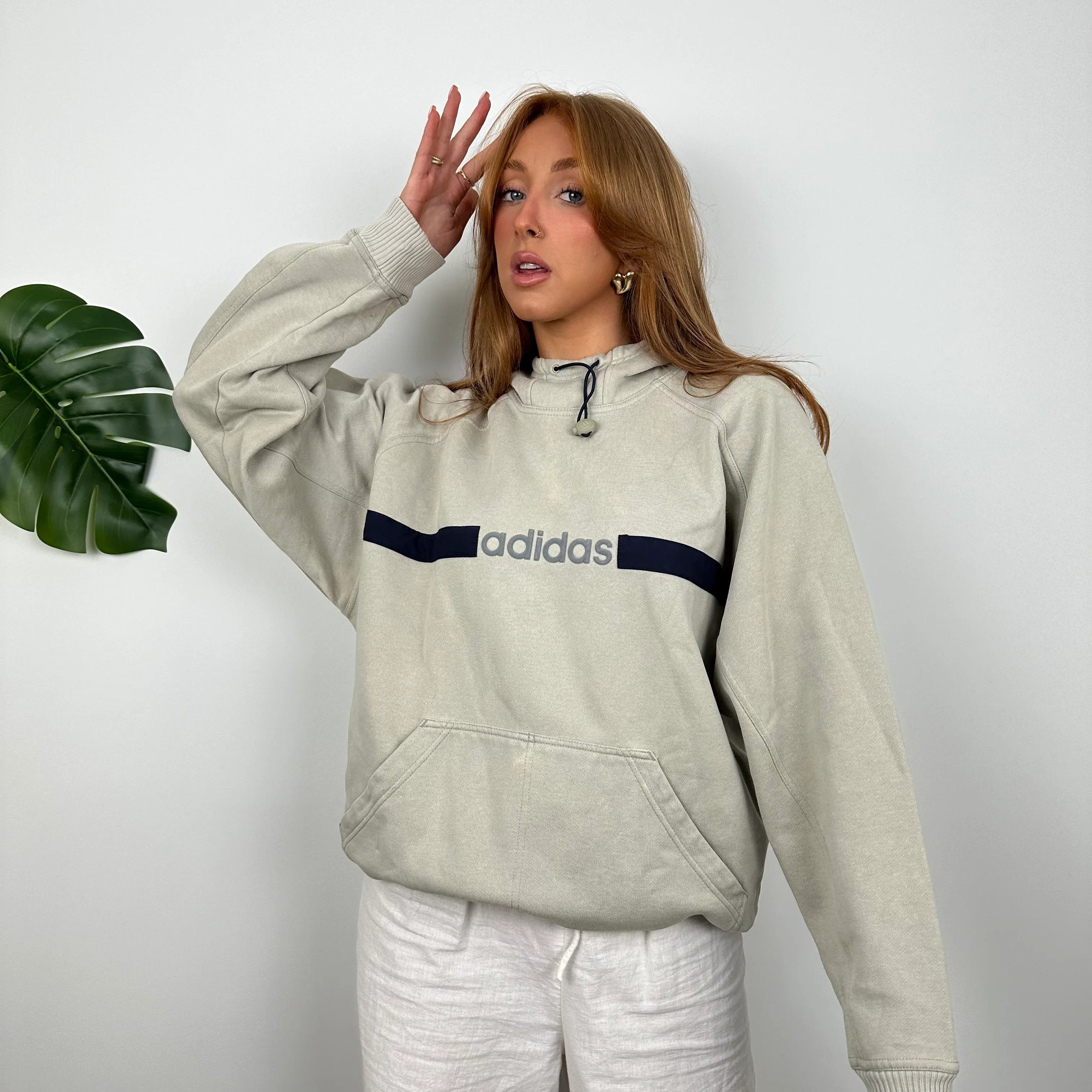 Adidas Cream Embroidered Spell Out Hoodie (M) - Image 5