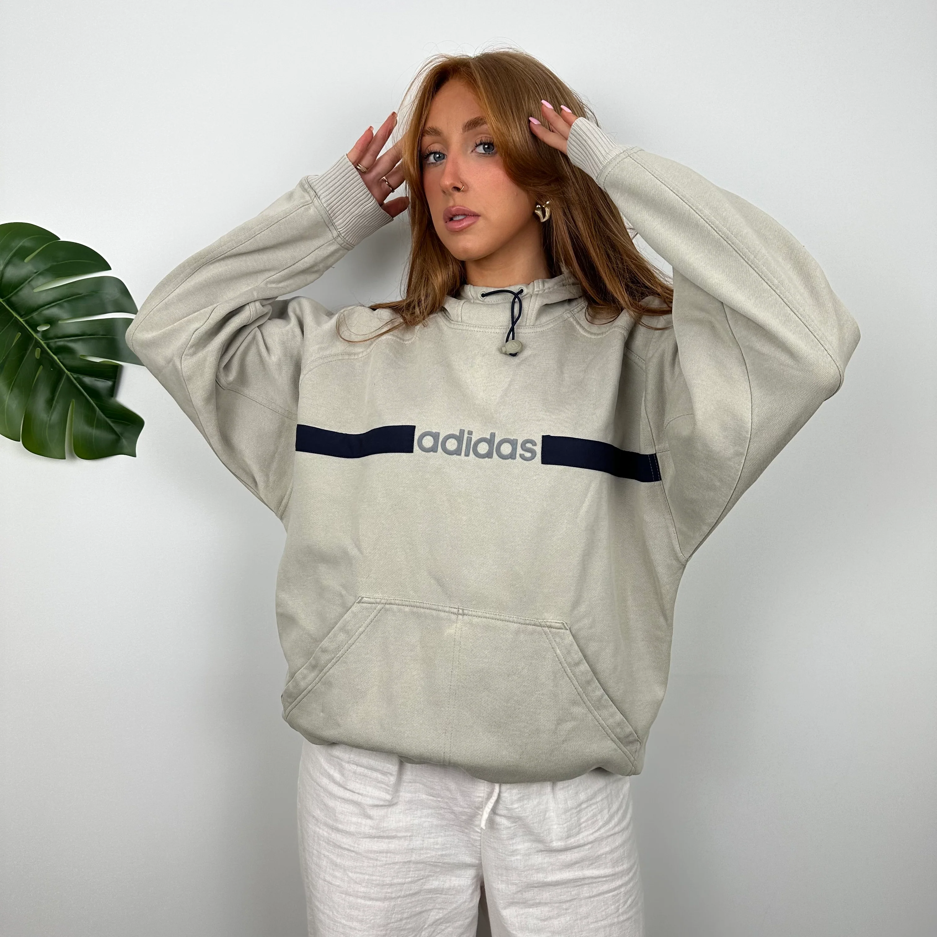 Adidas Cream Embroidered Spell Out Hoodie (M) - Image 6