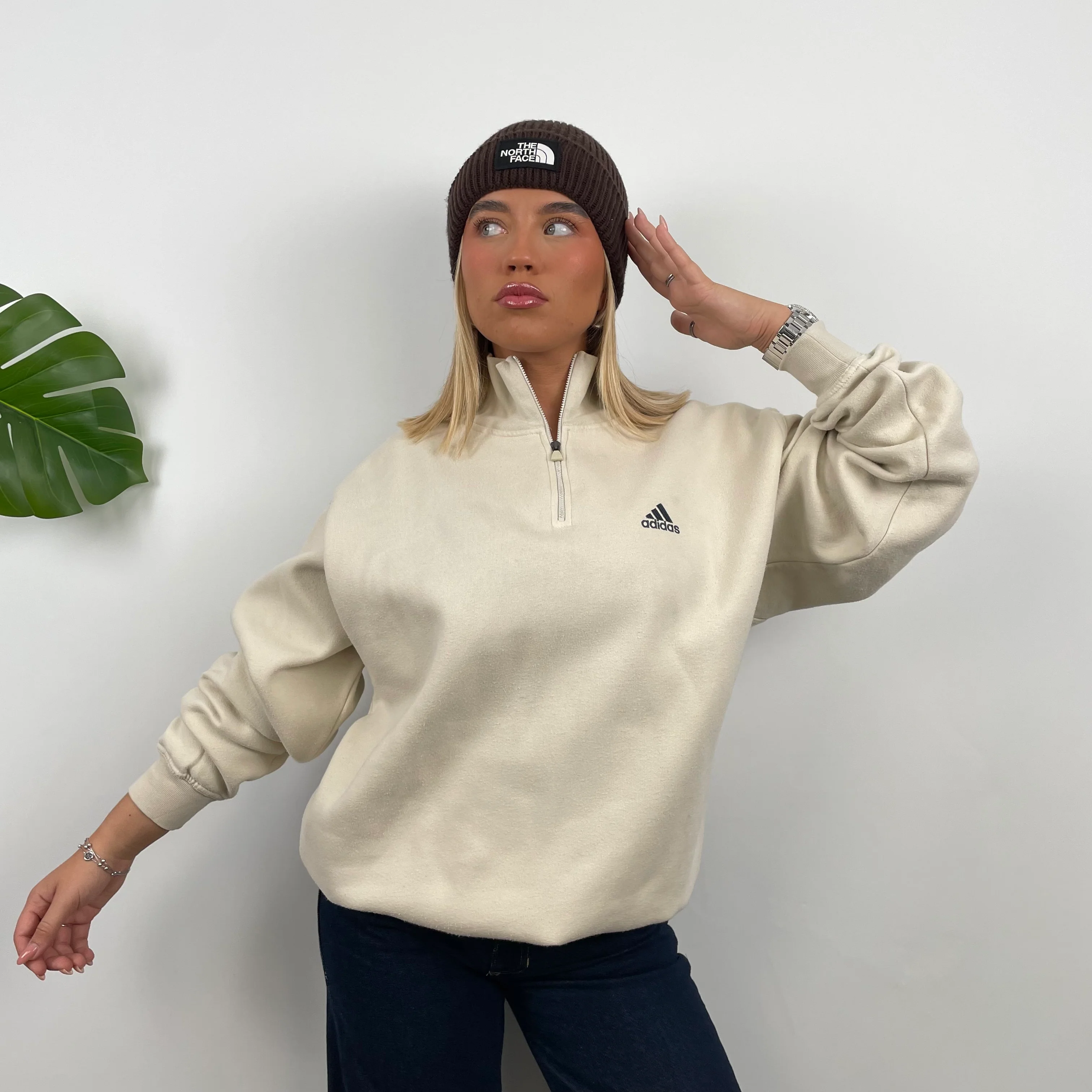 Adidas Cream Embroidered Spell Out Quarter Zip Sweatshirt (L) - Image 2