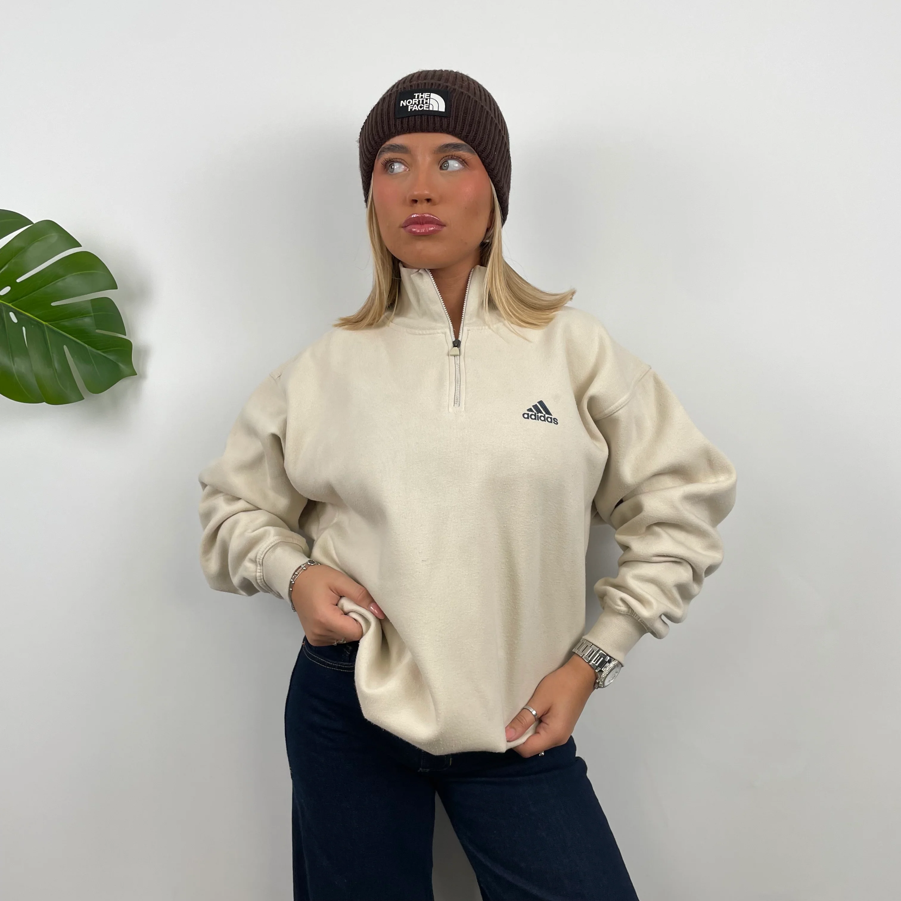 Adidas Cream Embroidered Spell Out Quarter Zip Sweatshirt (L) - Image 3