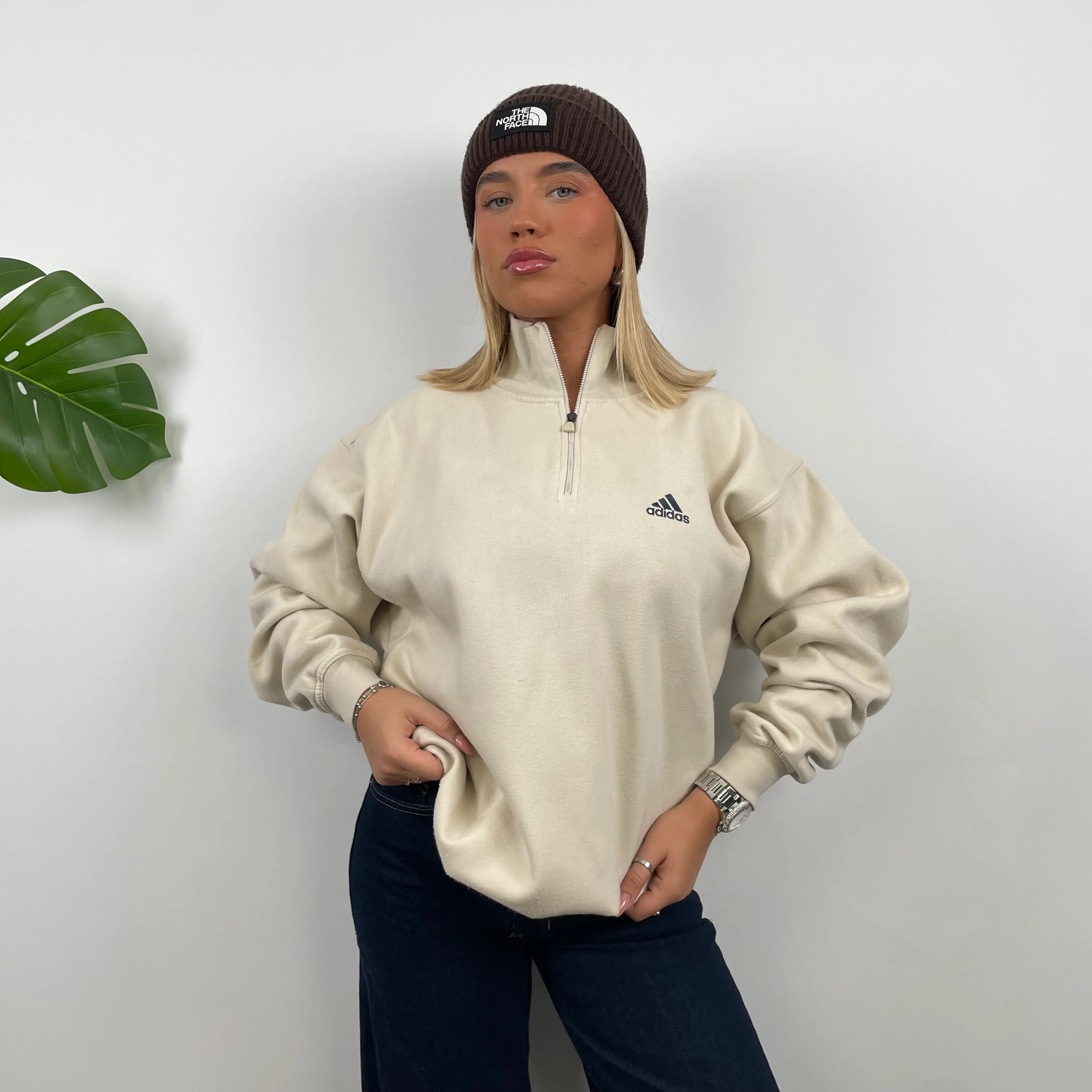 Adidas Cream Embroidered Spell Out Quarter Zip Sweatshirt (L) - Image 4