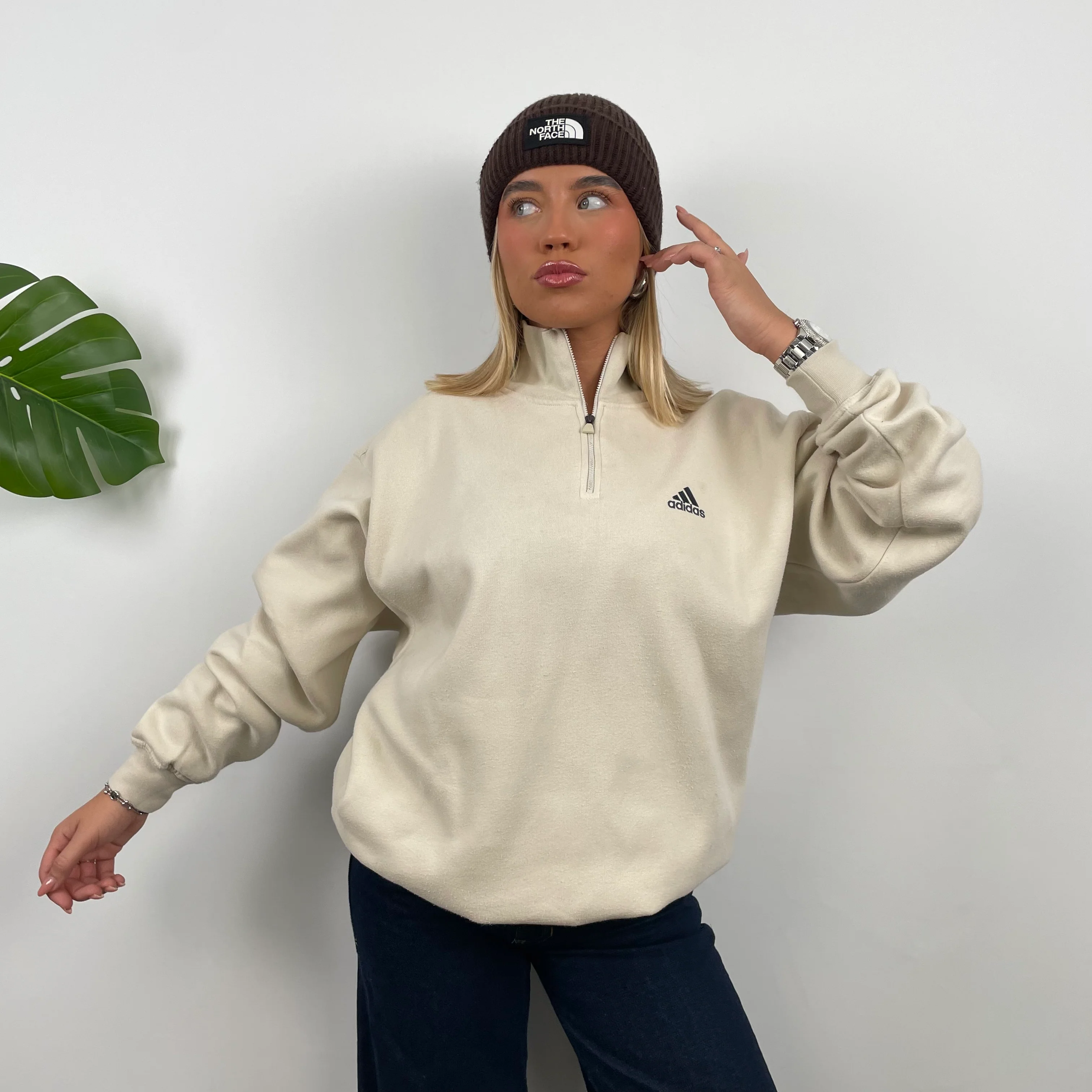Adidas Cream Embroidered Spell Out Quarter Zip Sweatshirt (L) - Image 5
