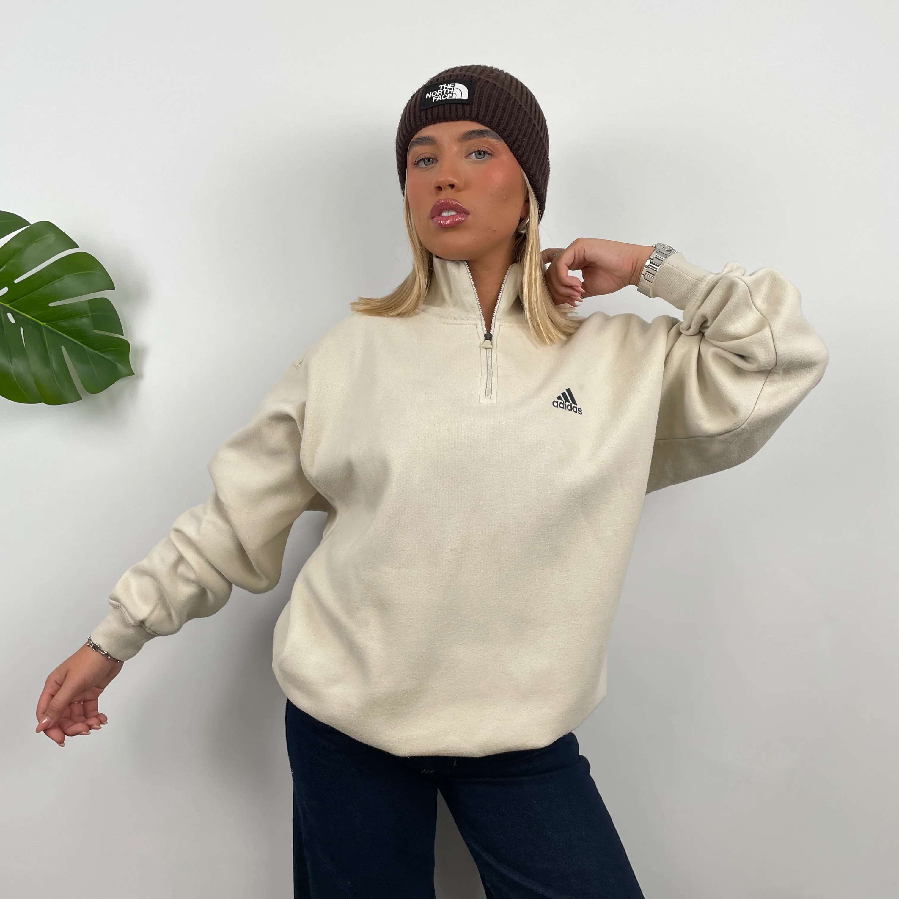 Adidas Cream Embroidered Spell Out Quarter Zip Sweatshirt (L) - Image 6