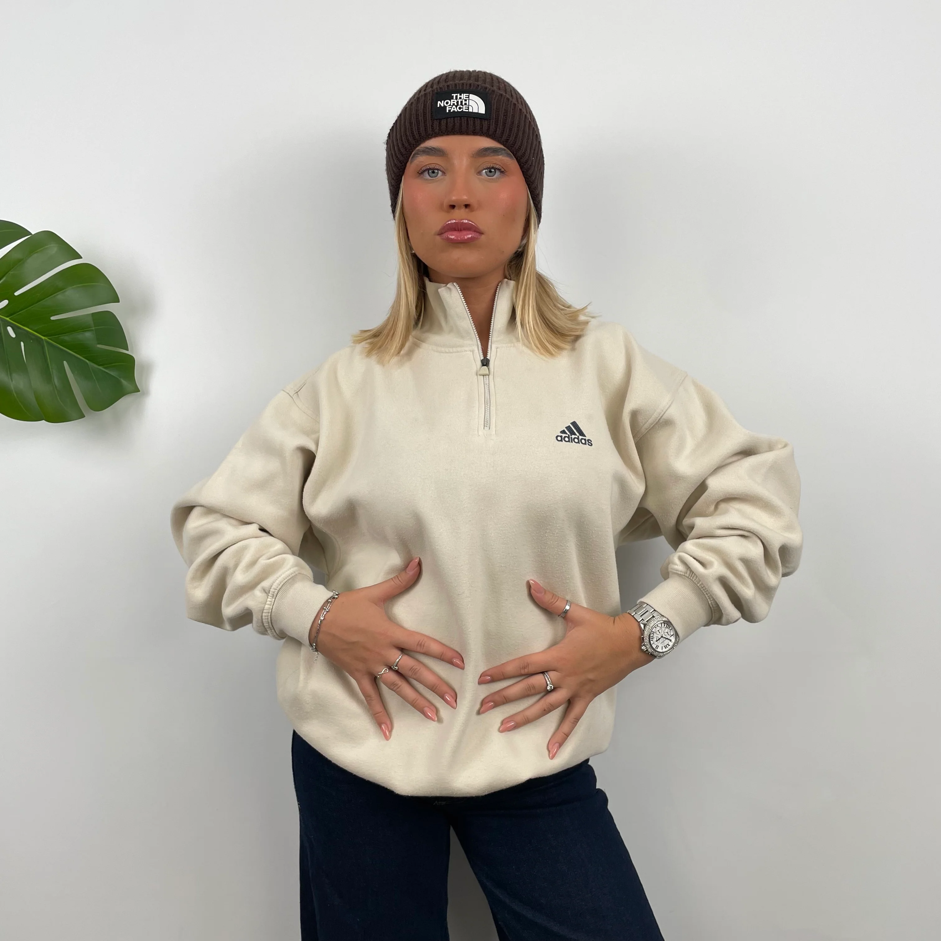 Adidas Cream Embroidered Spell Out Quarter Zip Sweatshirt (L) - Image 7