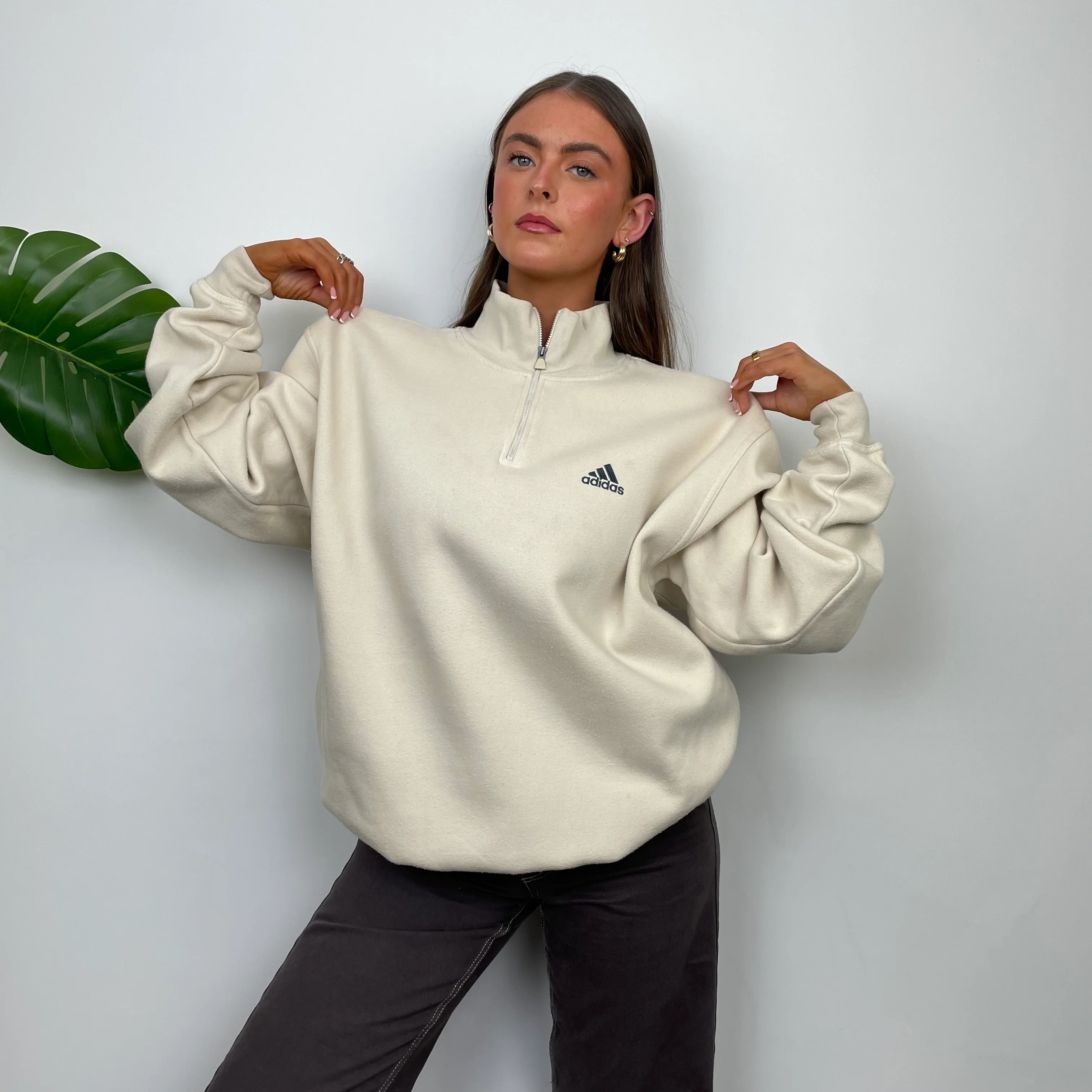 Adidas Cream Embroidered Spell Out Quarter Zip Sweatshirt (L) - Image 2