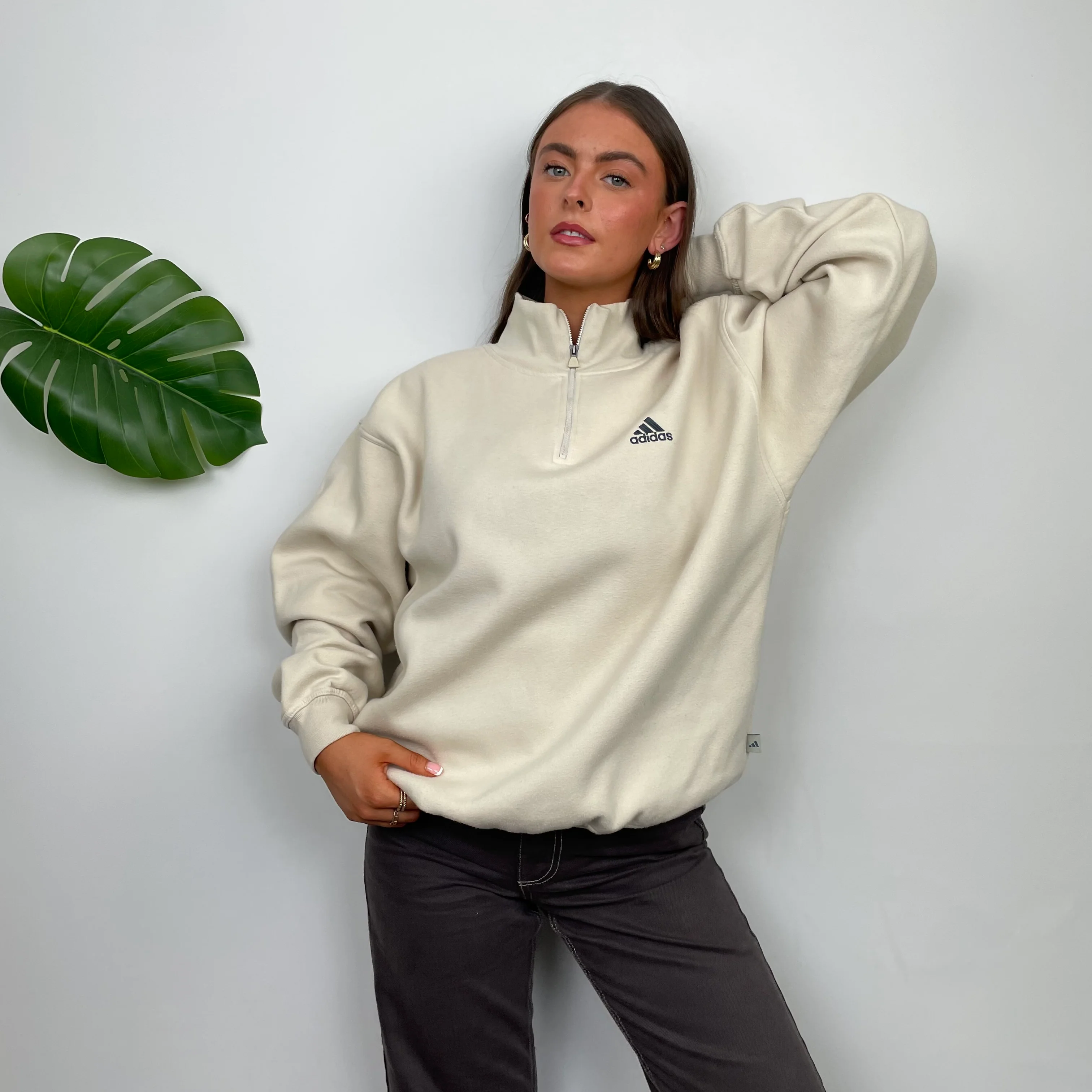 Adidas Cream Embroidered Spell Out Quarter Zip Sweatshirt (L) - Image 3